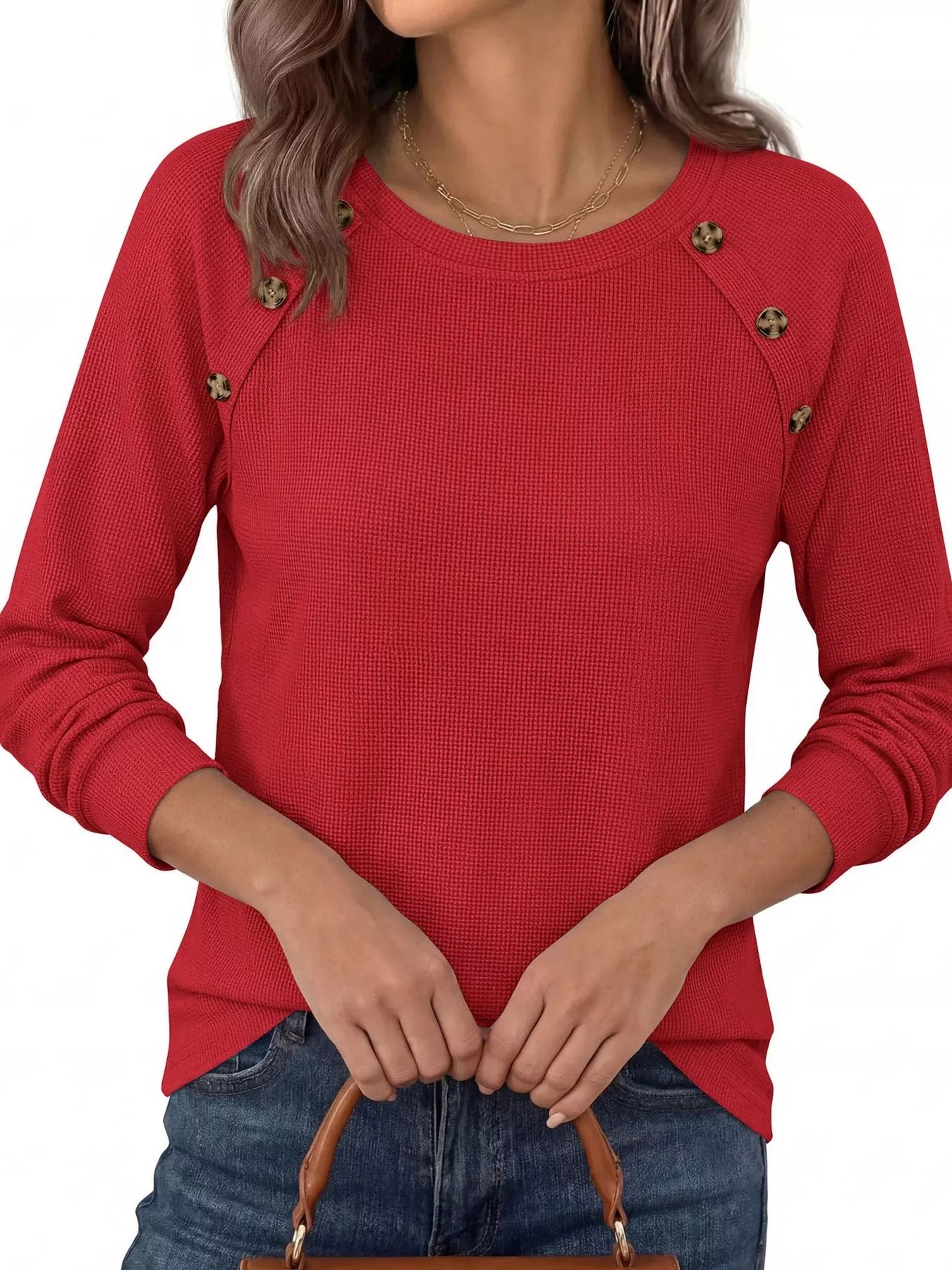 Trendsi Decorative Button Waffle Knit Long Sleeve T-Shirt -