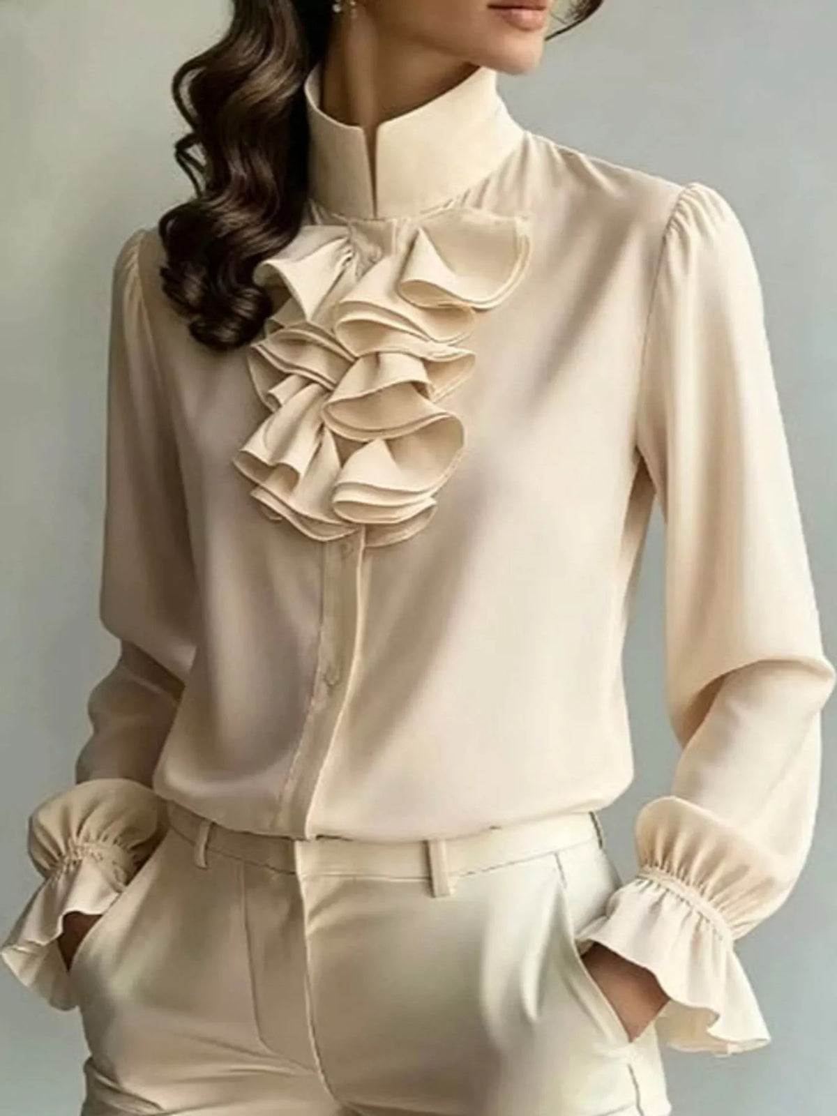 Ruffled Stand-Collar Blouse with Long Lantern Sleeves, front view