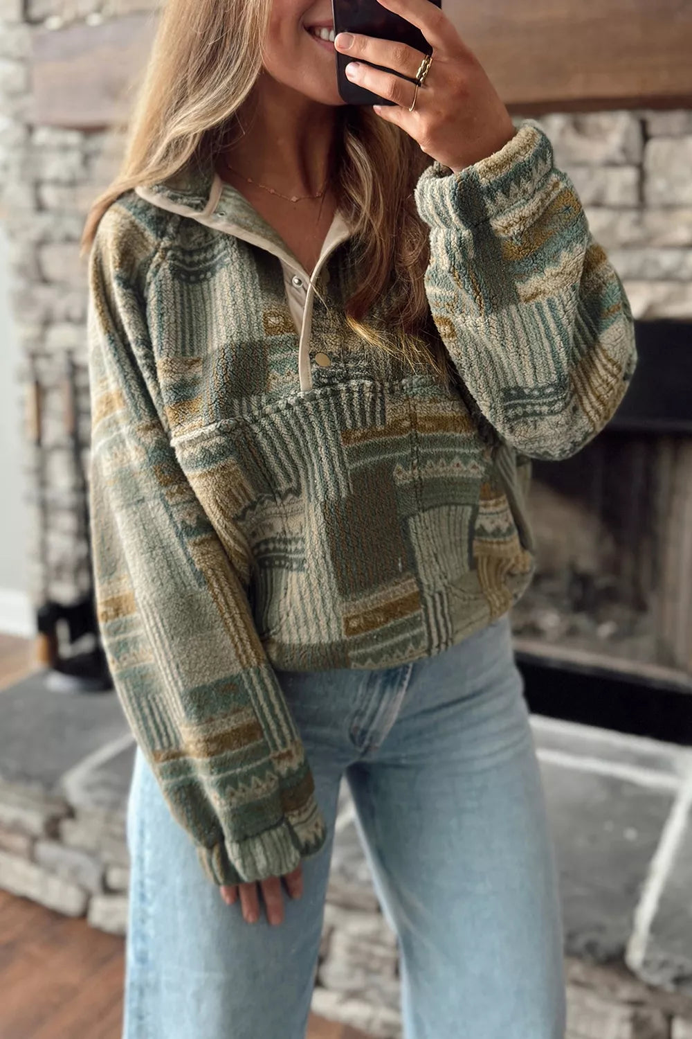 Trendsi Western Print Fleece Long Sleeve Casual Fit Sweatshirt -