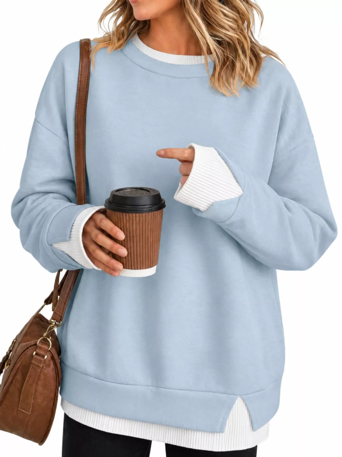 Layered Look Crew Neck Sweatshirt in light blue, front view