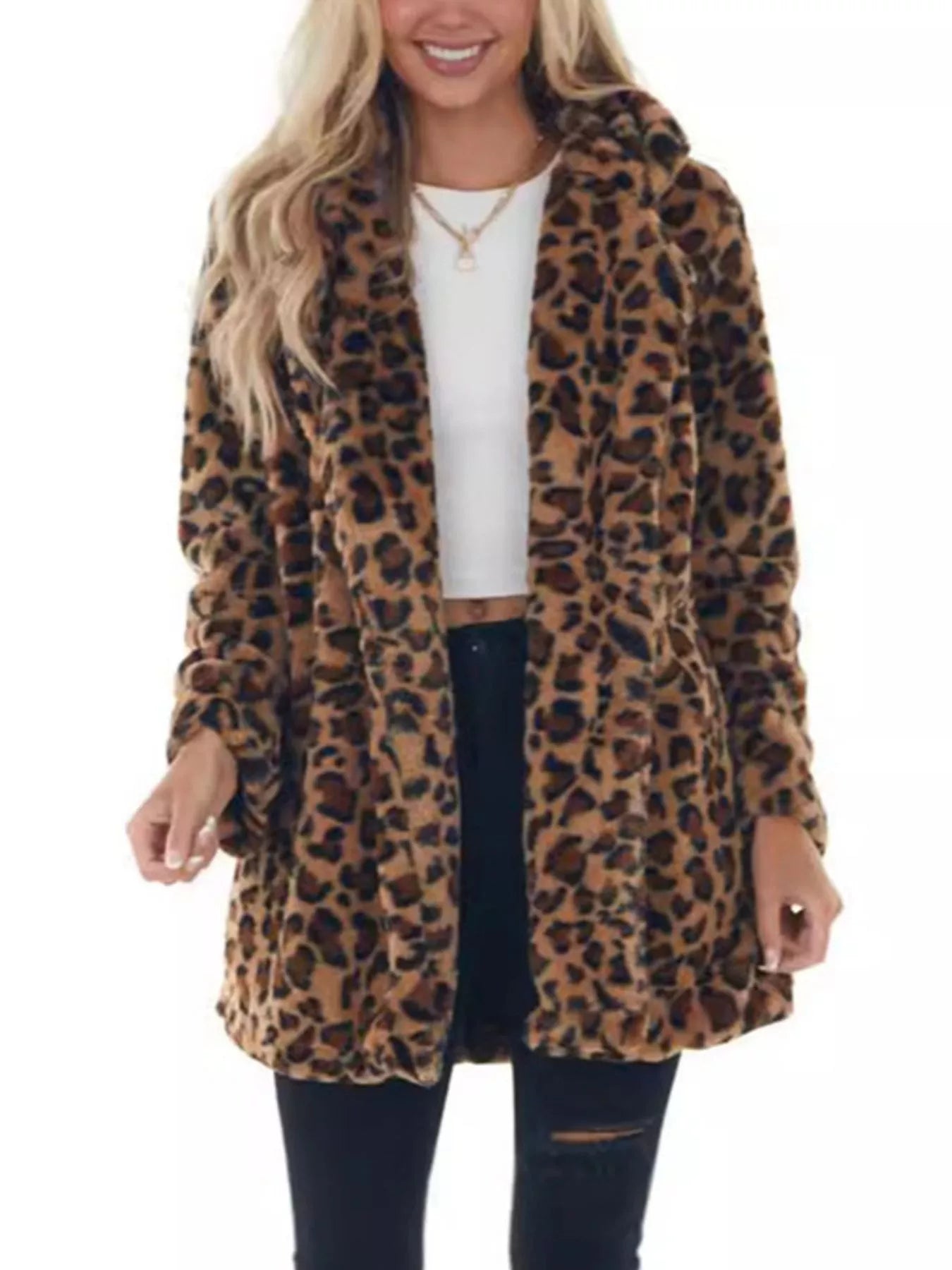 Trendsi Full Size Leopard Faux Fur Open Front Outerwear Plus Size -