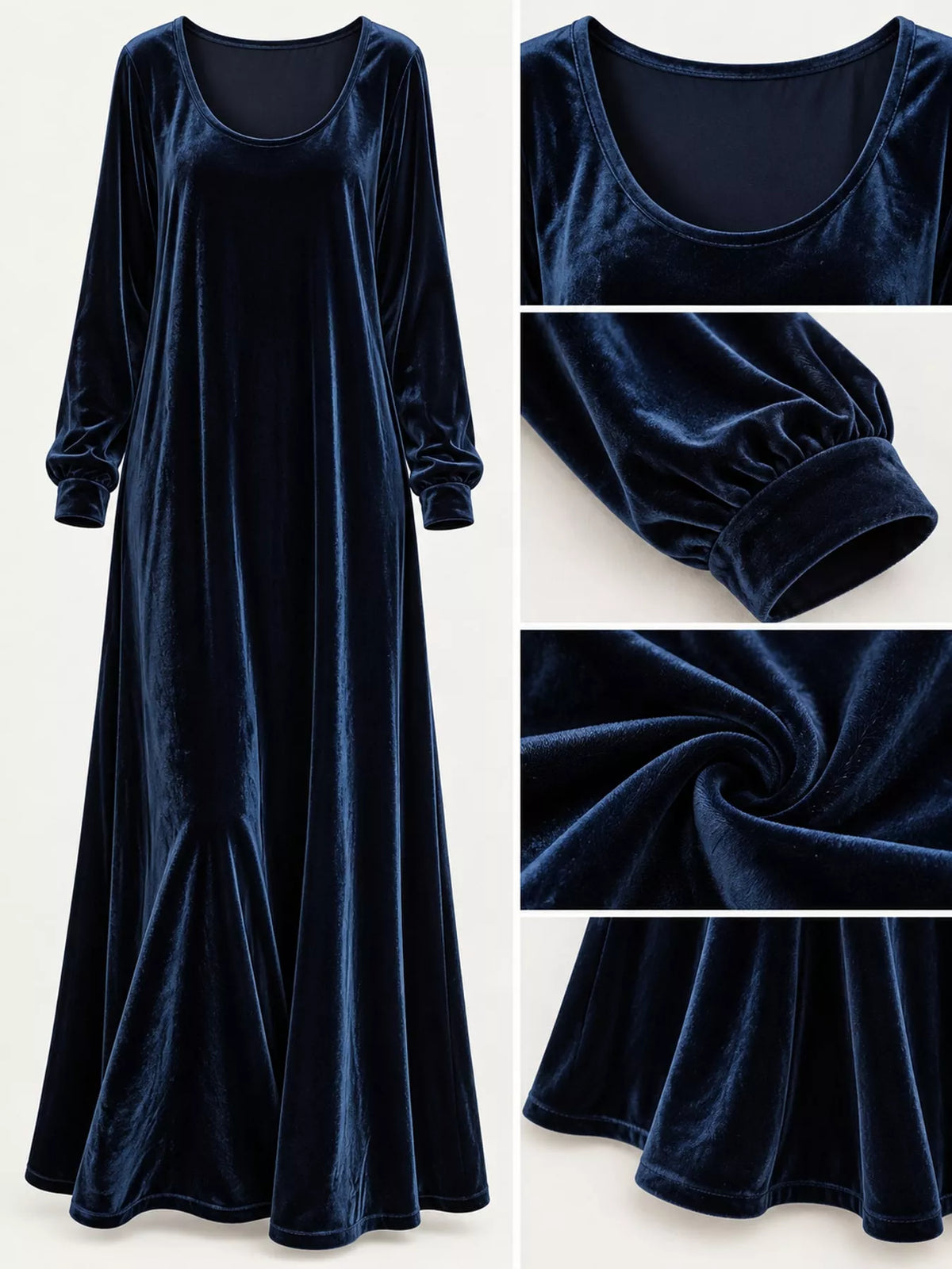 Velvet maxi dress, navy neckline cuff fabric collage