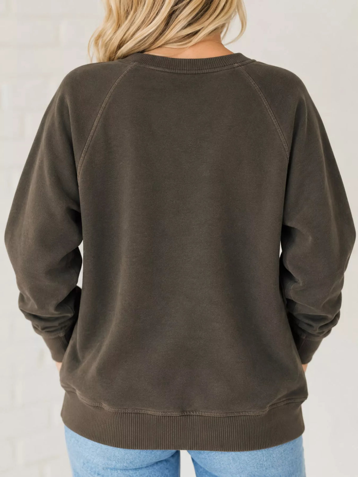 Brown crew neck raglan sleeve sweatshirt, back view