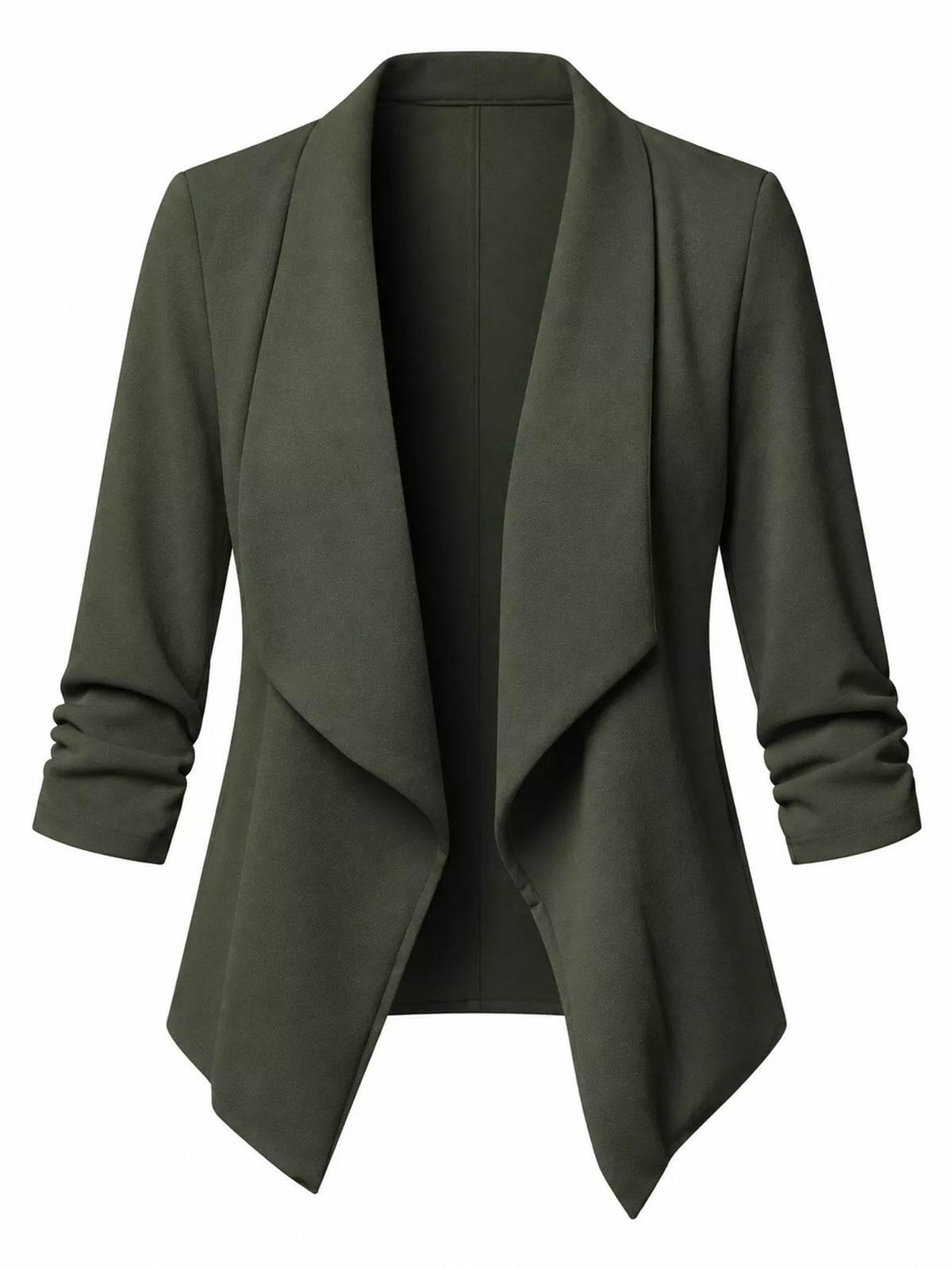 Green open-front blazer with ruched 3/4 sleeves