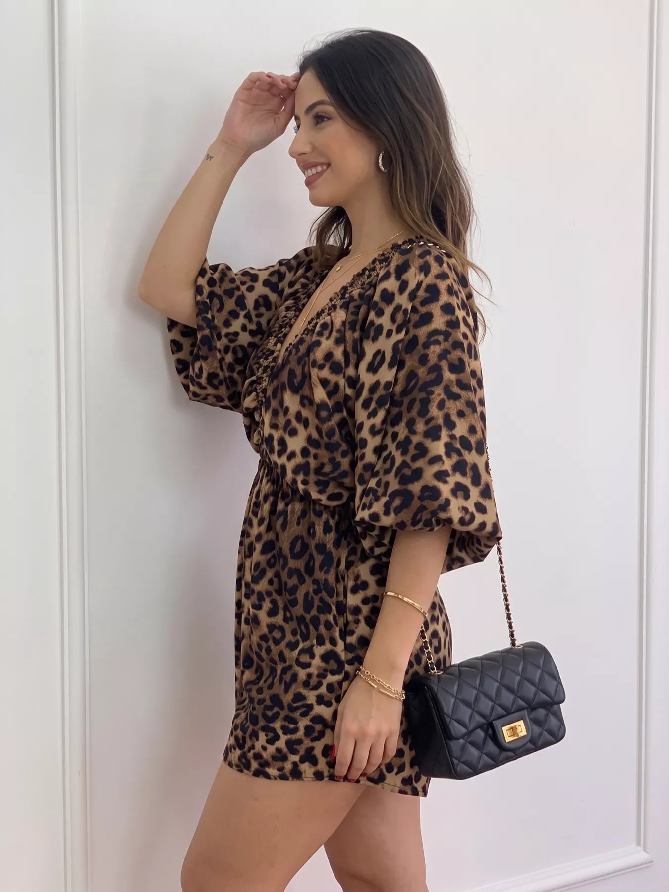 Trendsi V-Neck Leopard Print Puff Sleeve Romper -