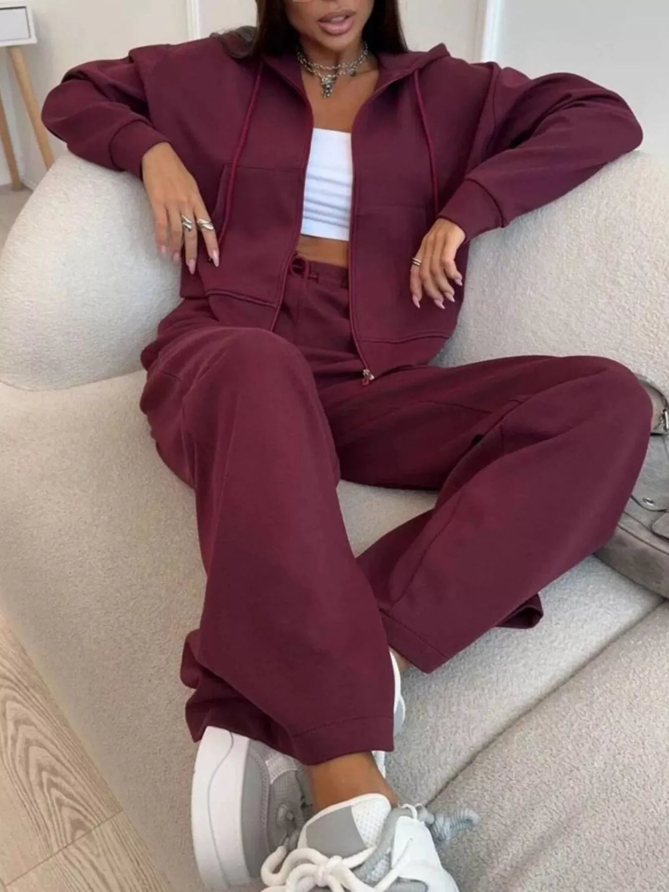 Trendsi Zip-Up Hoodie and Wide-Leg Pants Set -