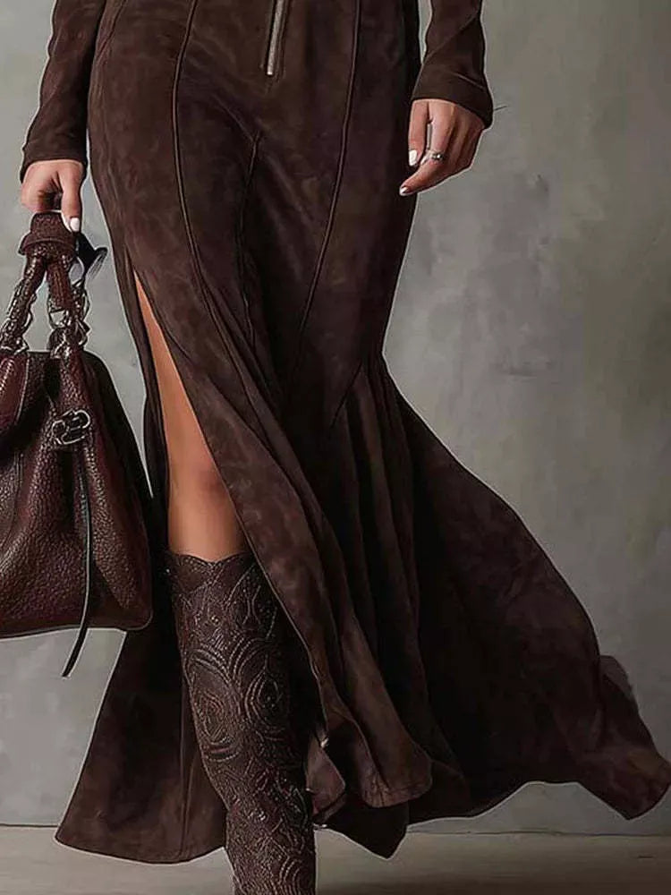 Trendsi Full Size Slit Zip-Front Long Sleeve Maxi Dress with Belt Plus Size -