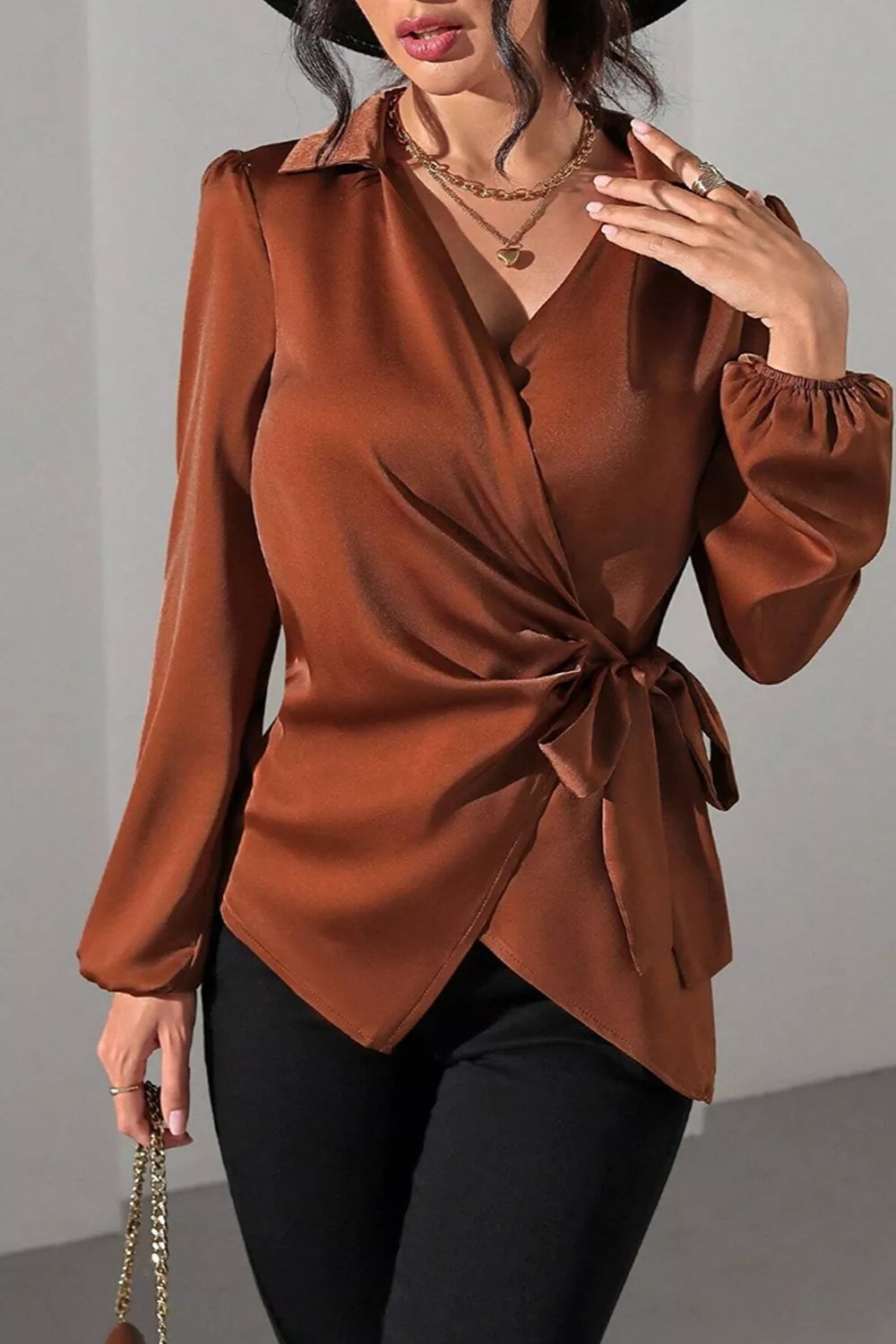 Trendsi Satin Tied Detail Long Sleeve Blouse -