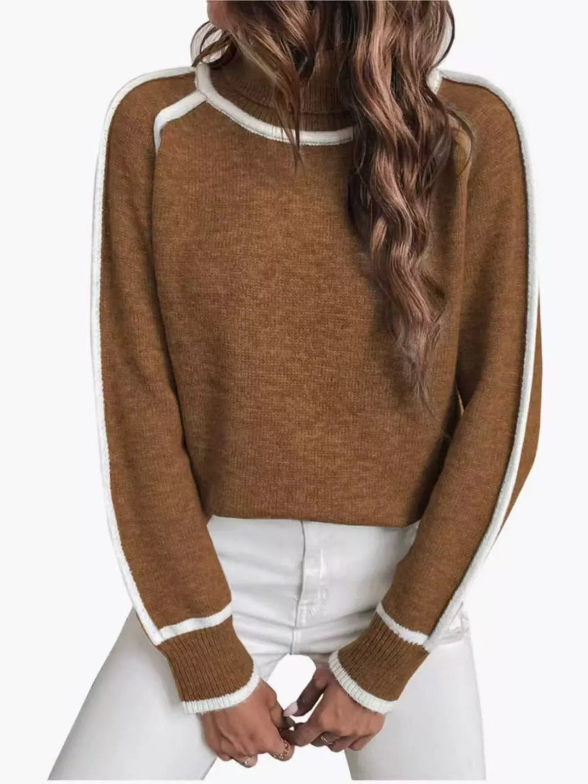 Women's Contrast Trim Ribbed Hem Turtleneck Sweater in Black, alternate view