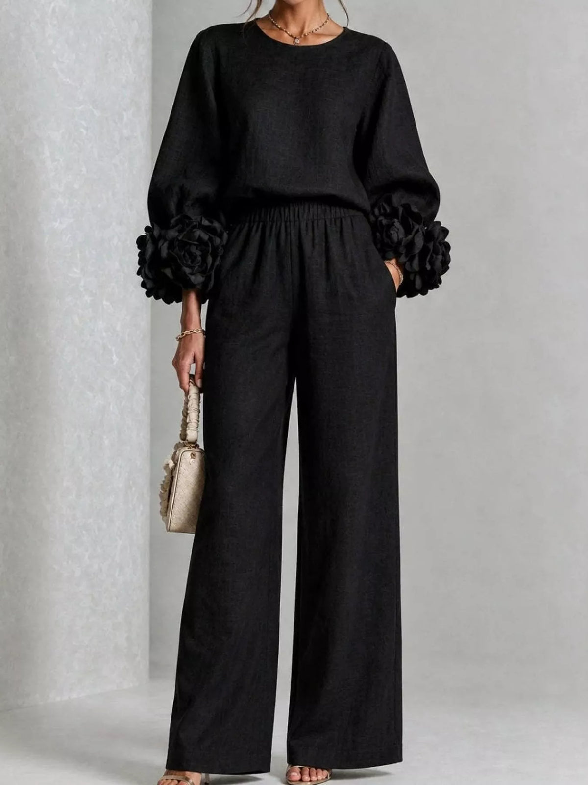 Floral Sleeve Embellishments Top and Pants Set — front view