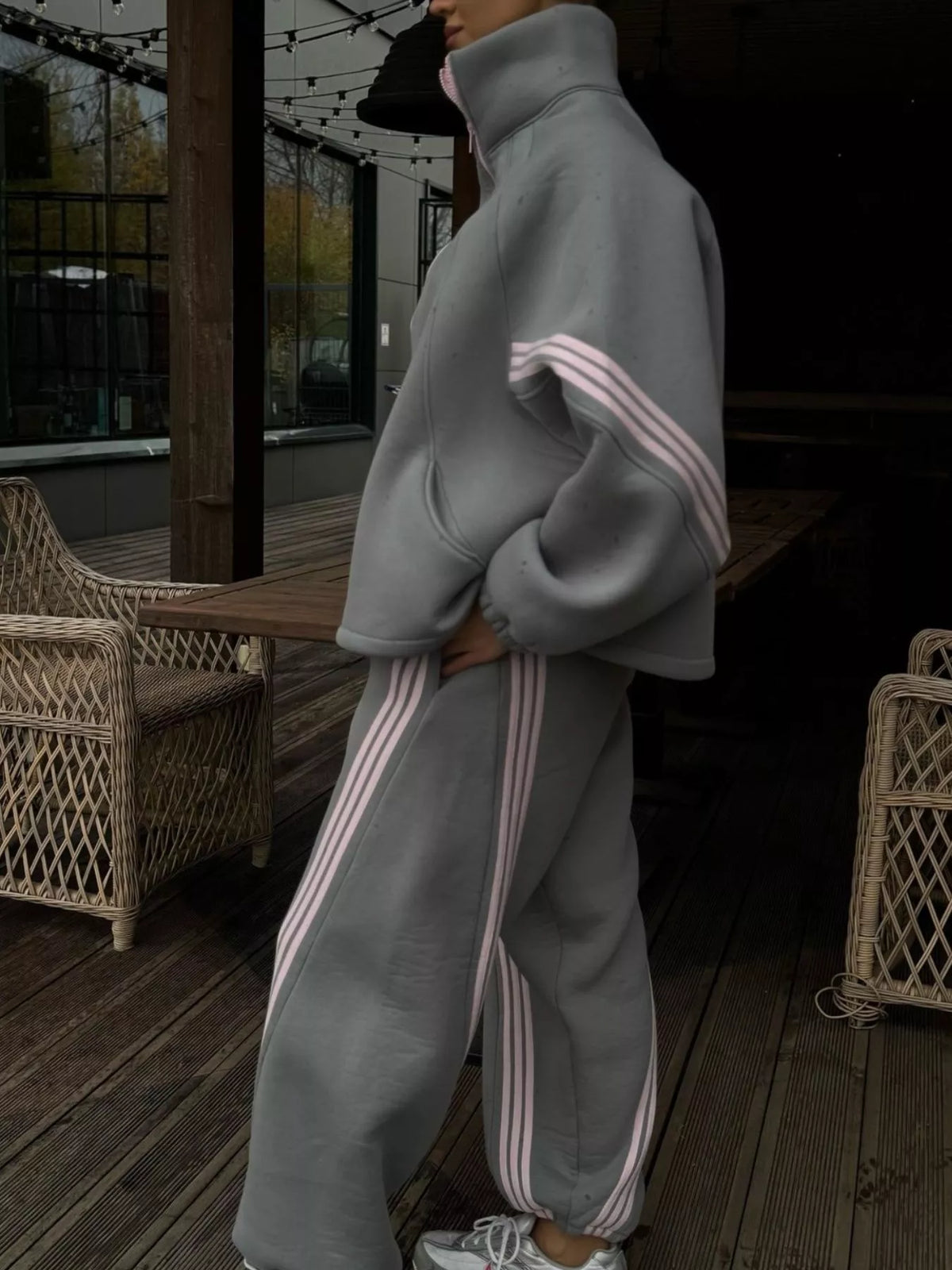 Trendsi Contrast Striped Zip Up Top and Pants Set -