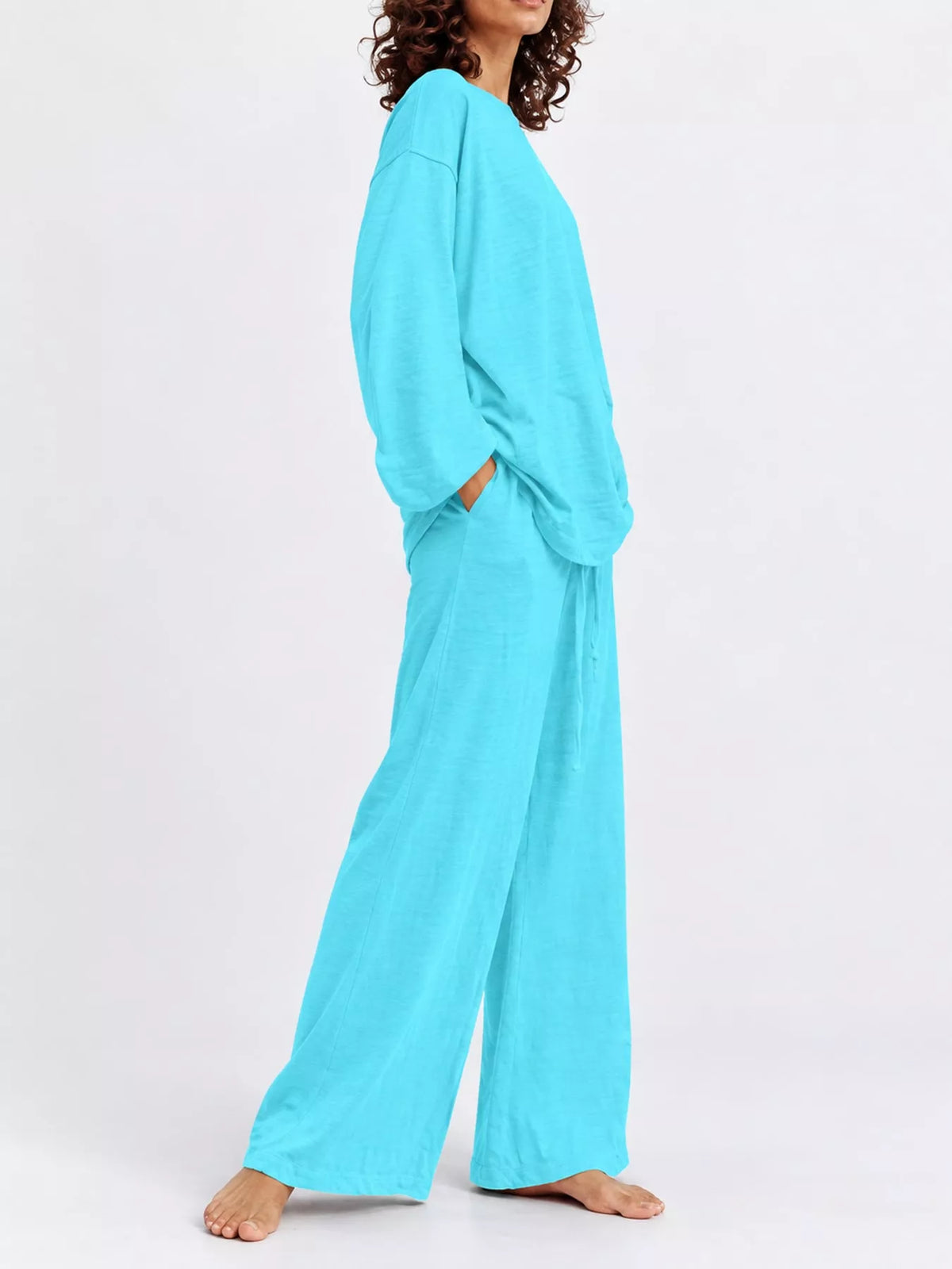 Women's Round Neck Top and Drawstring Wide-Leg Pants Set in turquoise — side view