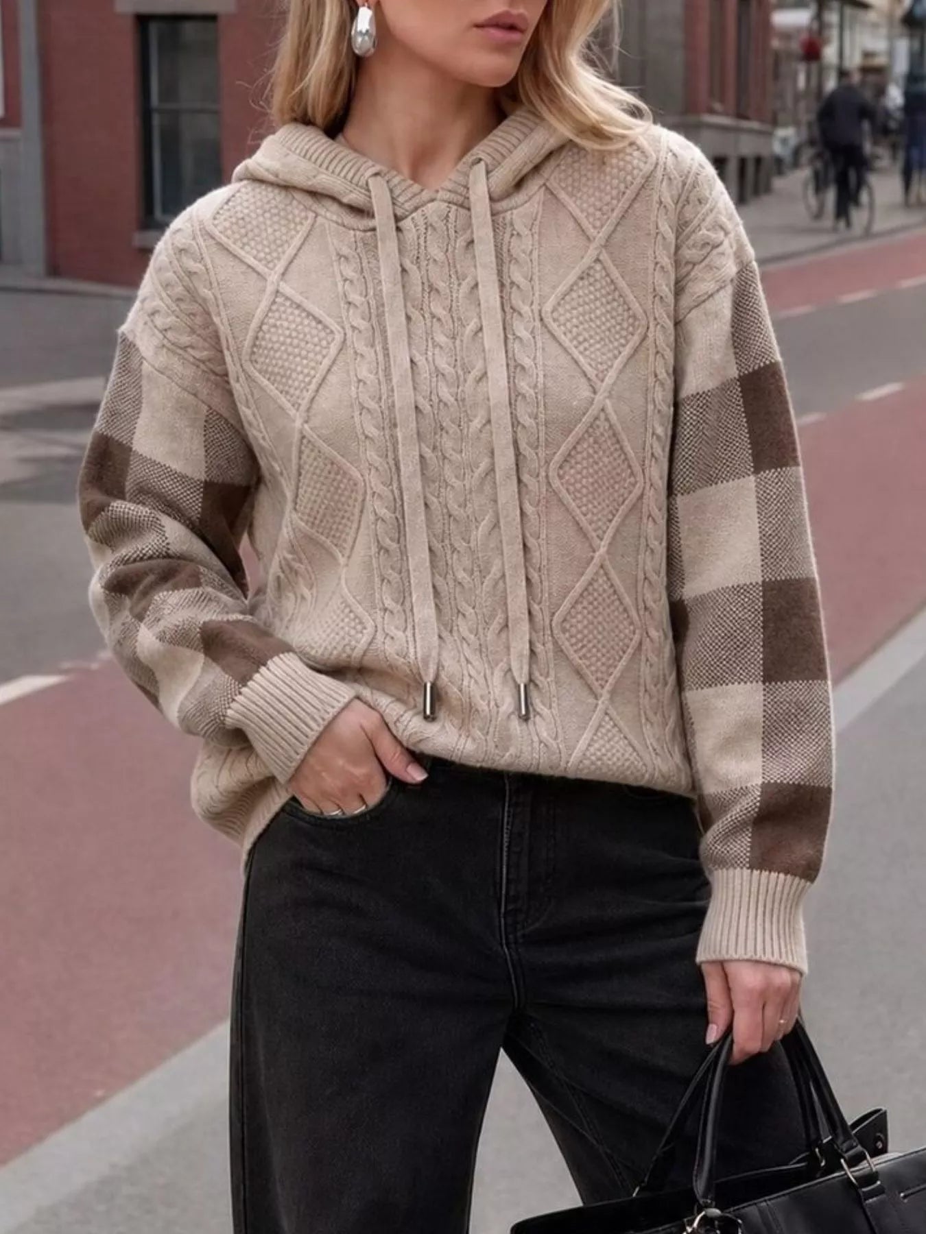 Trendsi Cable-Knit Plaid Sleeves Hooded Sweater -