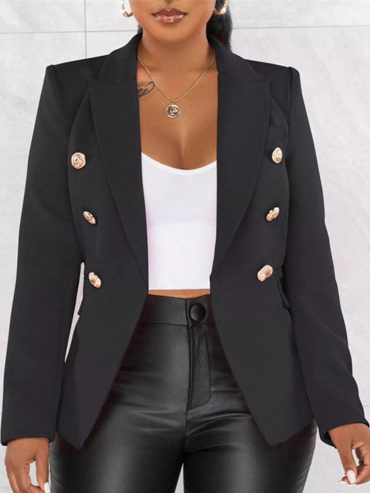Collared long sleeve blazer, front view on model