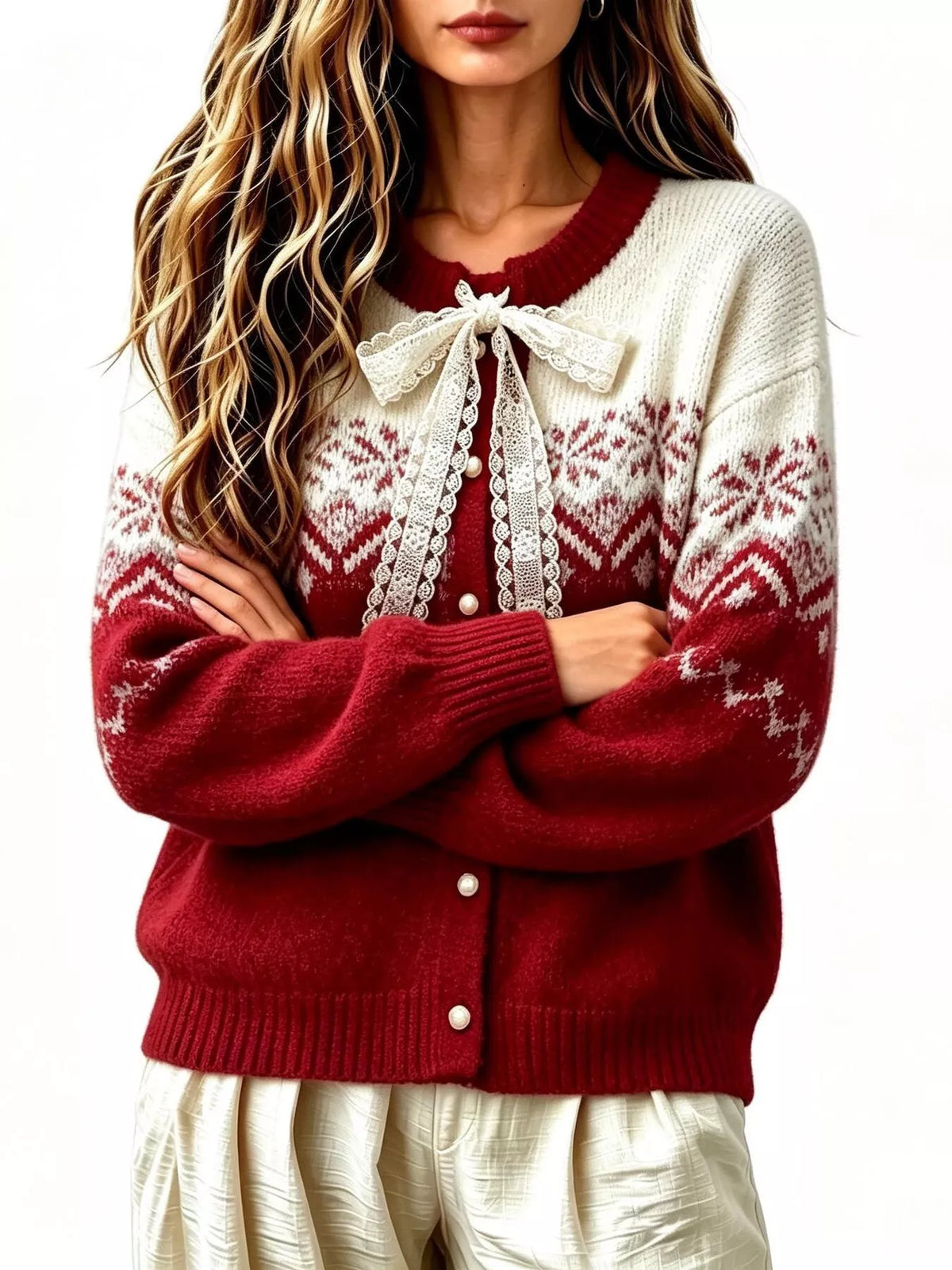 Red and cream lace tie button-up cardigan