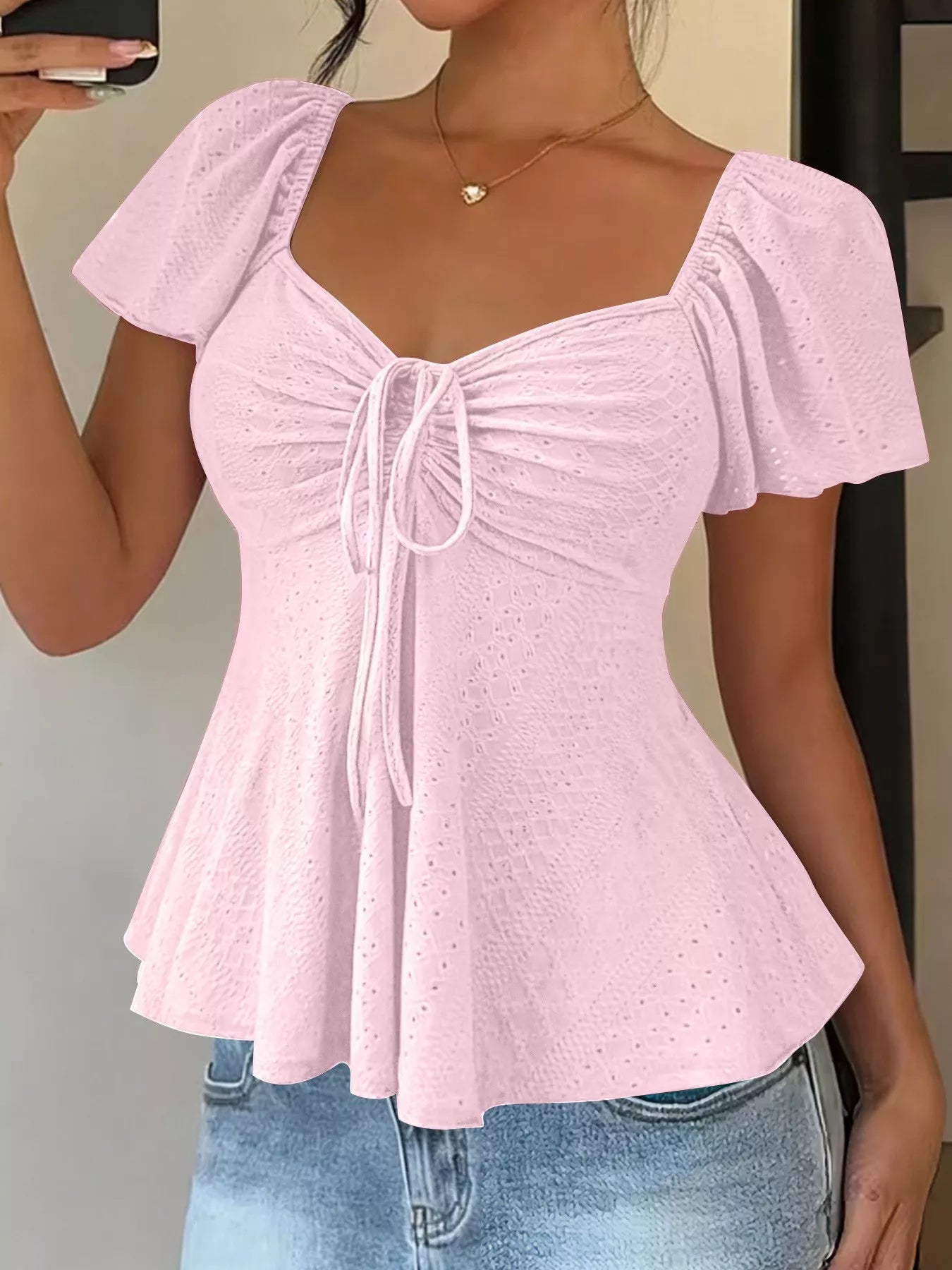 Trendsi Ruched Flutter Sleeve Peplum Top -