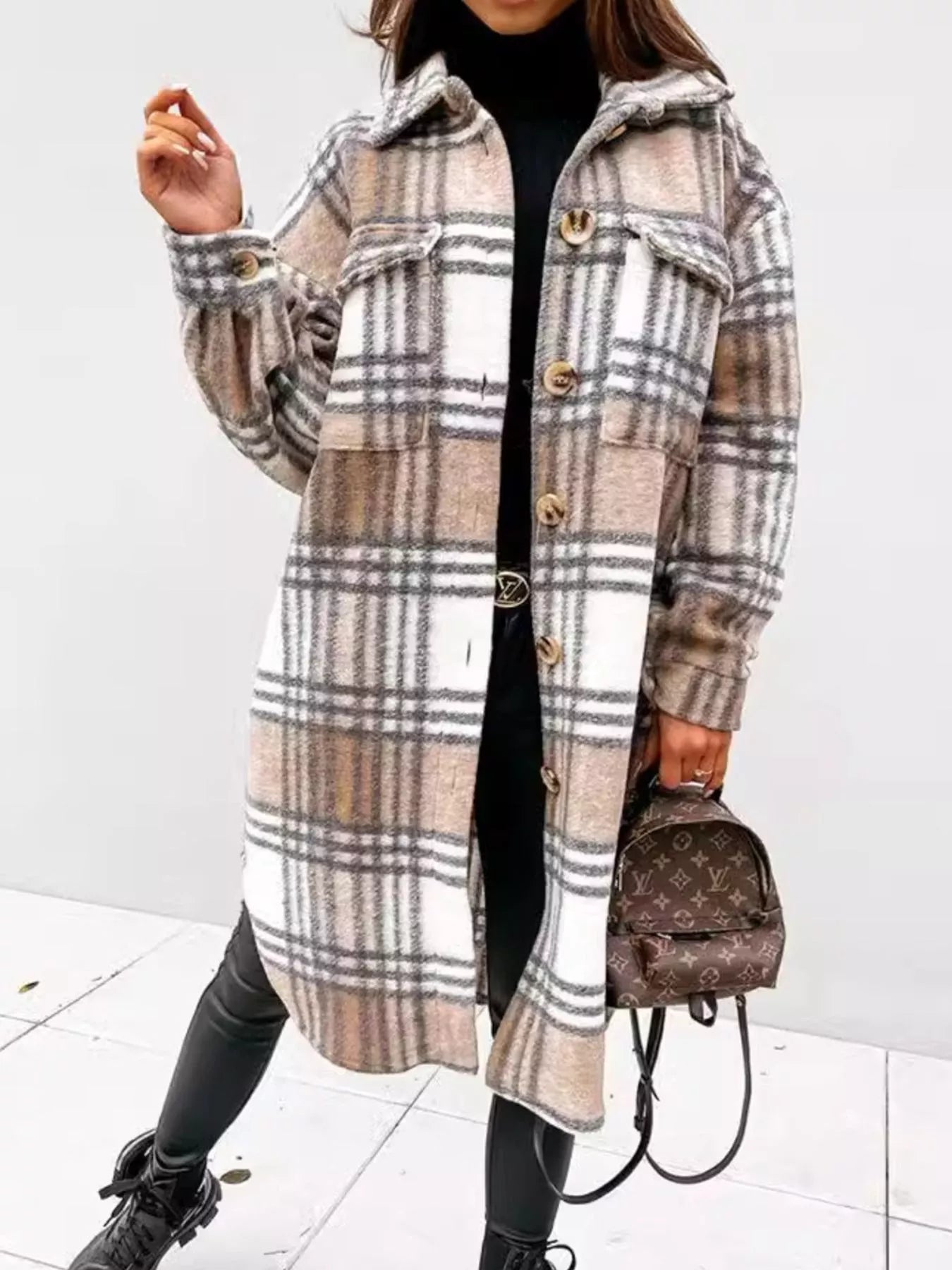 Trendsi Longline Plaid Button Up Coat -