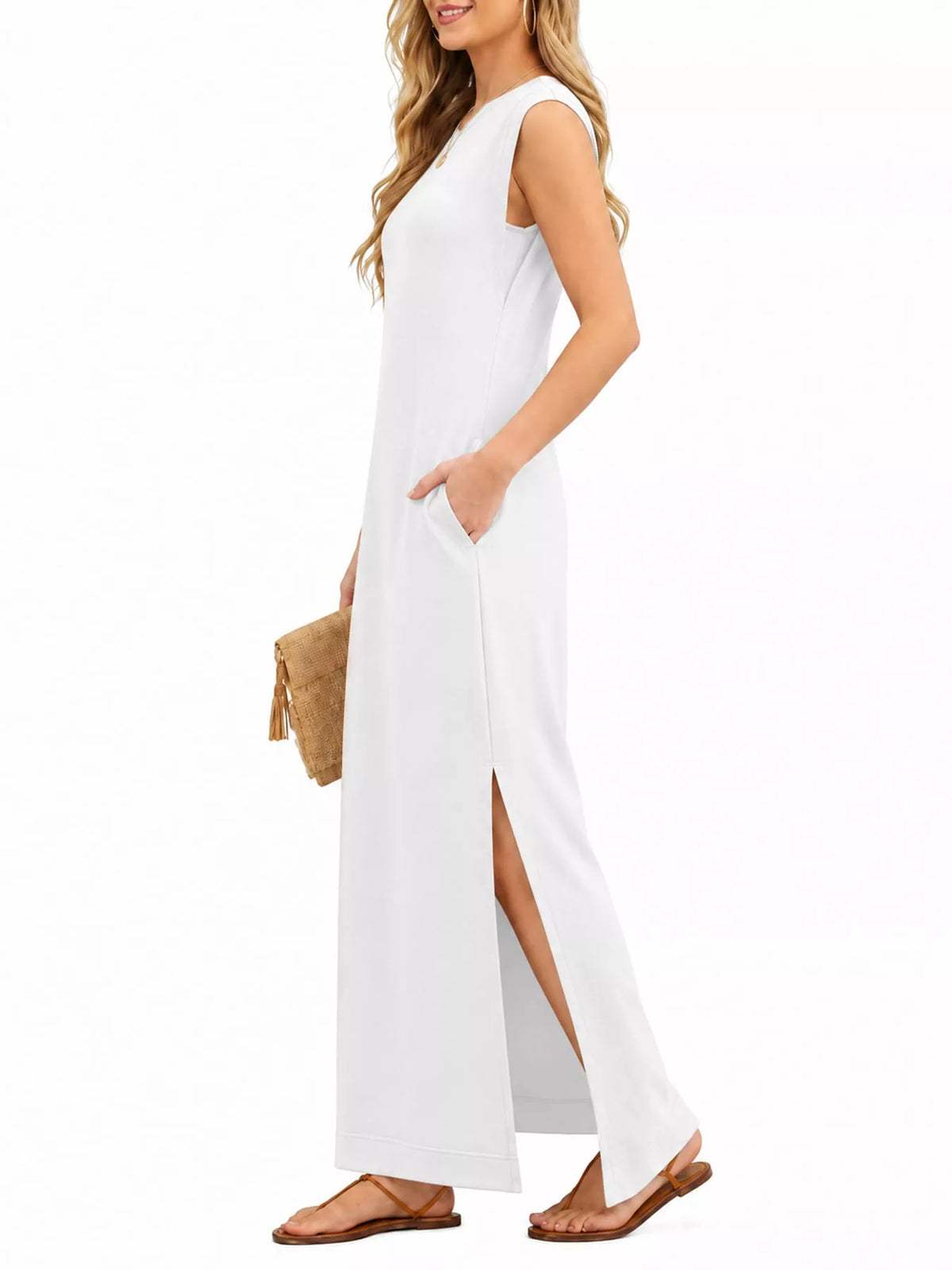 Round neck sleeveless maxi dress, side view
