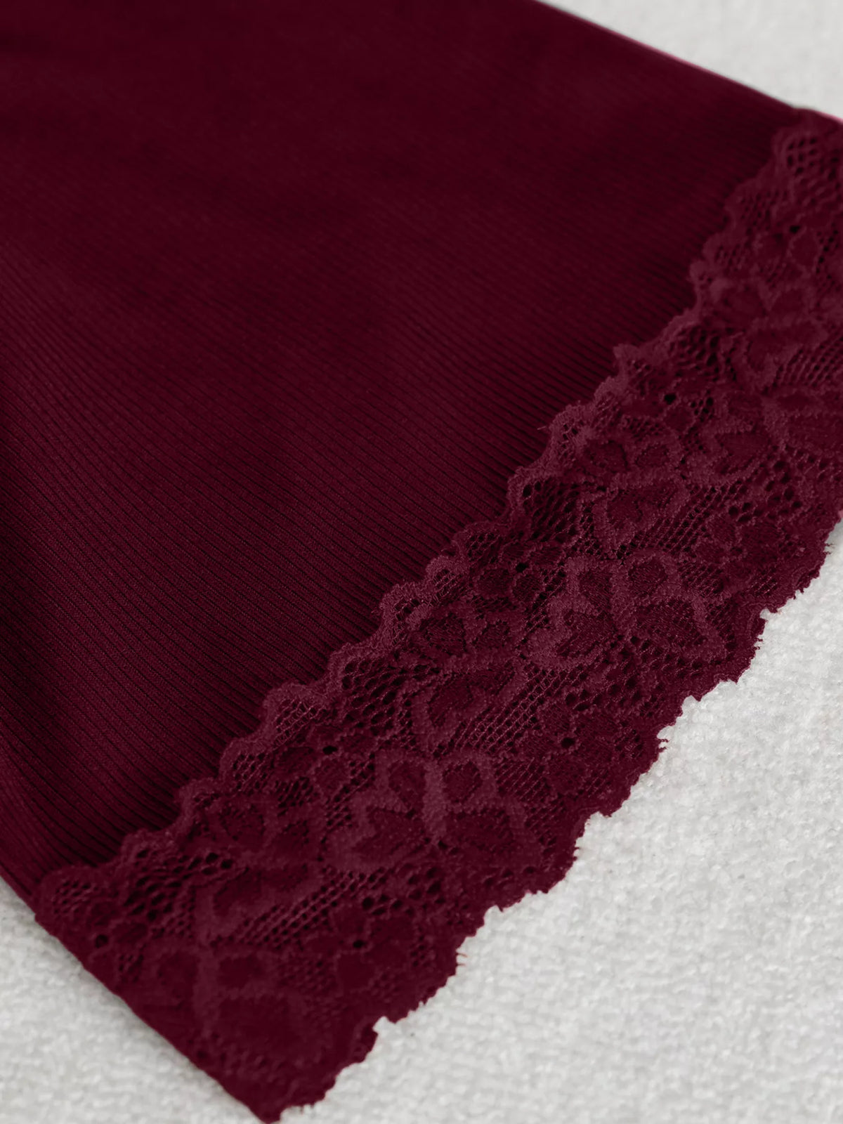 Women's Lace Trim Flare Sleeve Blouse in burgundy — neckline detail view