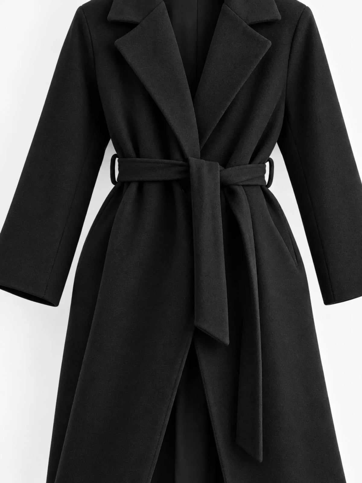 Black lapel collar belted coat, belted front and notch lapels