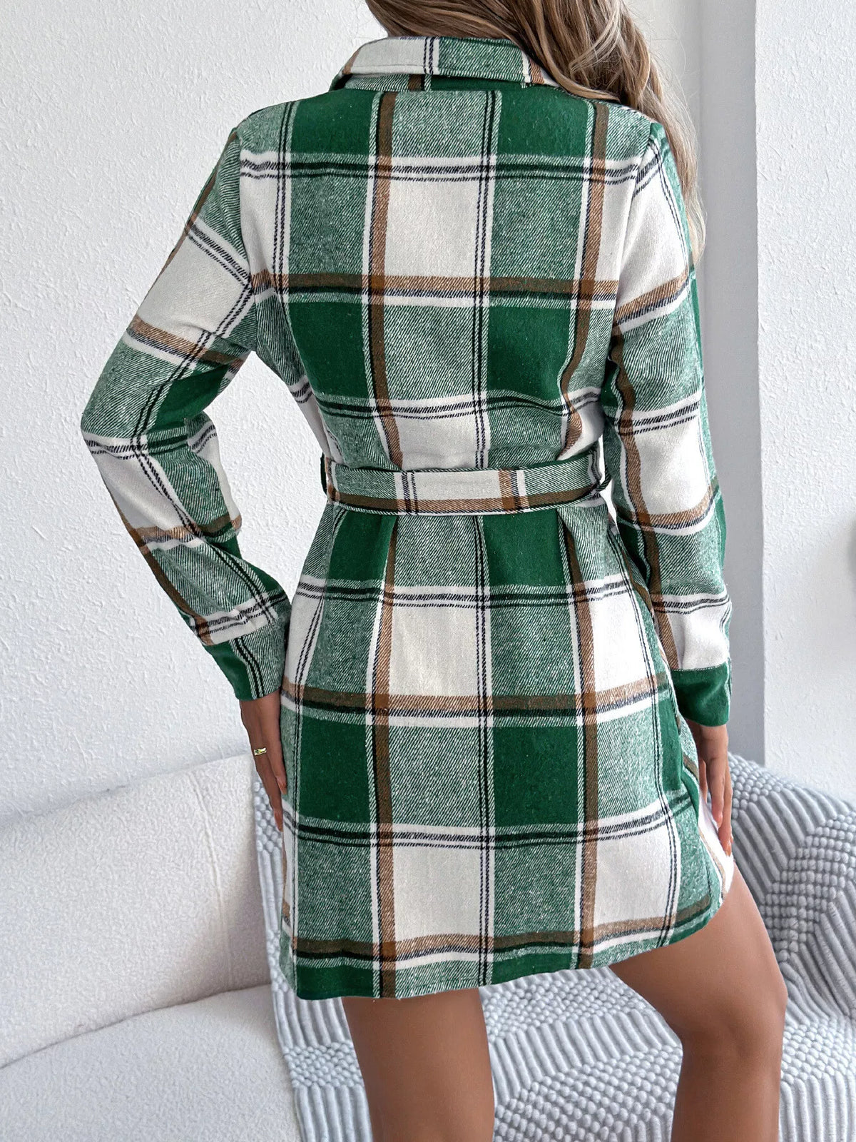 Green plaid button-front belted shirt dress, back view