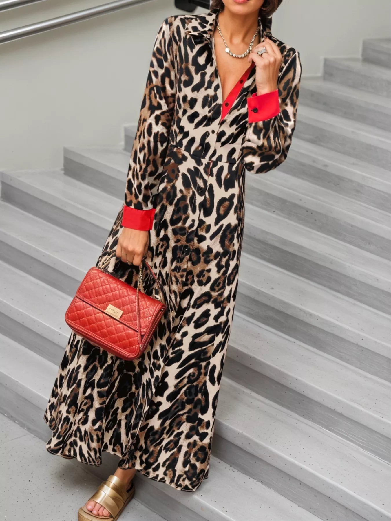 Trendsi Leopard Print Long Sleeve Shirt Dress with Contrast Trim -