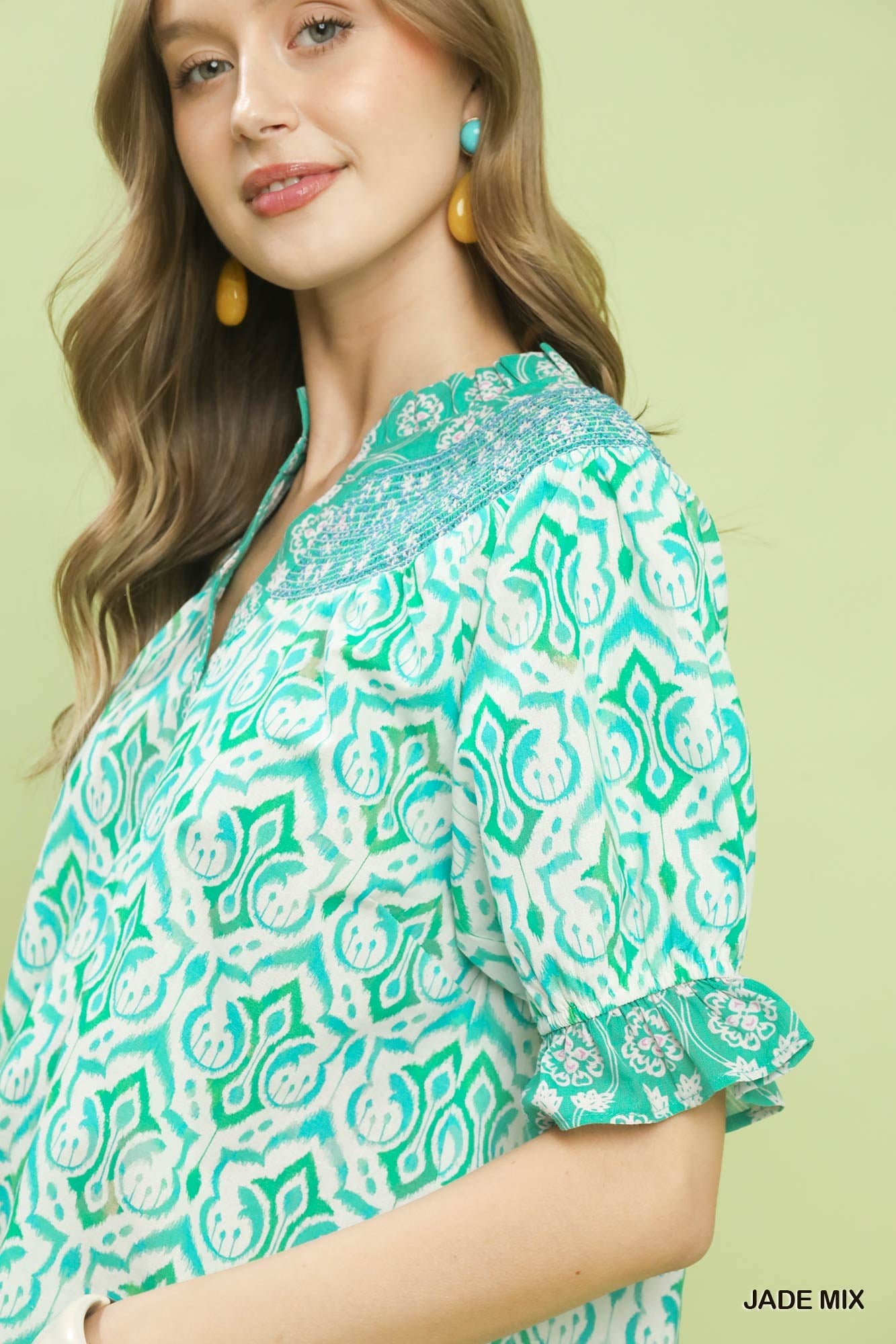 Women's Boho Cotton Puff-Sleeve Smocked V-Neck Top — product view 5