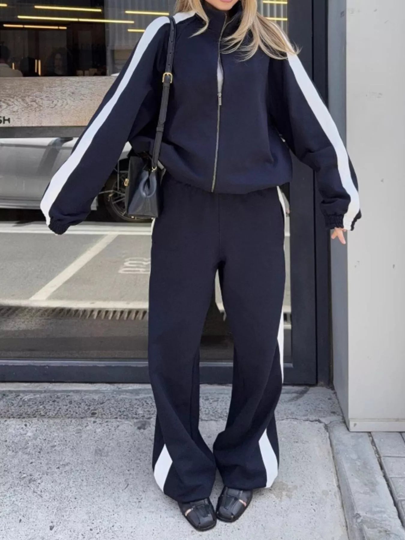 Trendsi Contrast Side Stripe Zip Up Top and Pants Set -