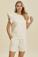 Trendsi Double Take Full Size Texture Round Neck Ruffle Sleeve Top and Shorts Set -