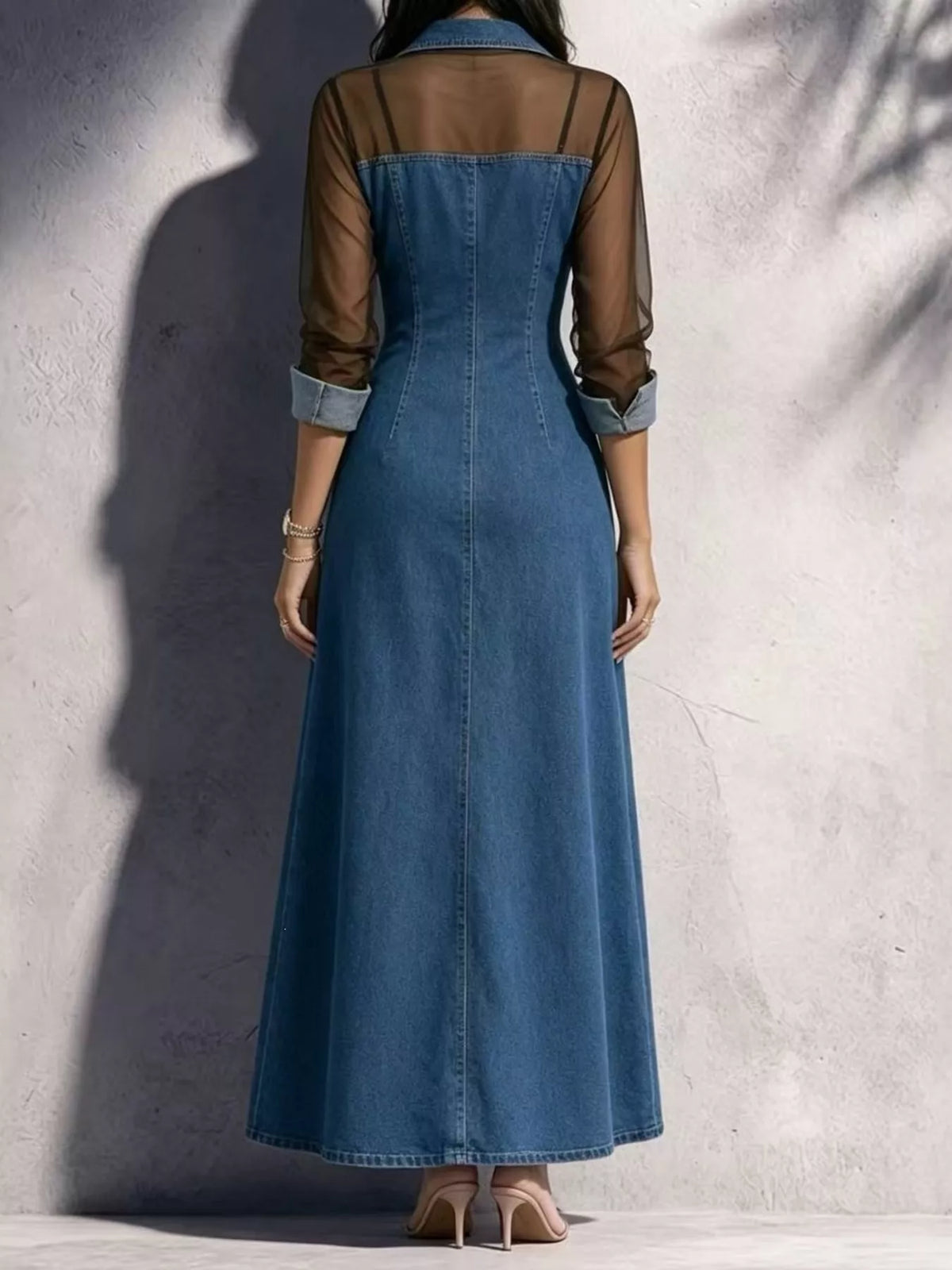 Blue sheer mesh panel button-down denim maxi dress — back view
