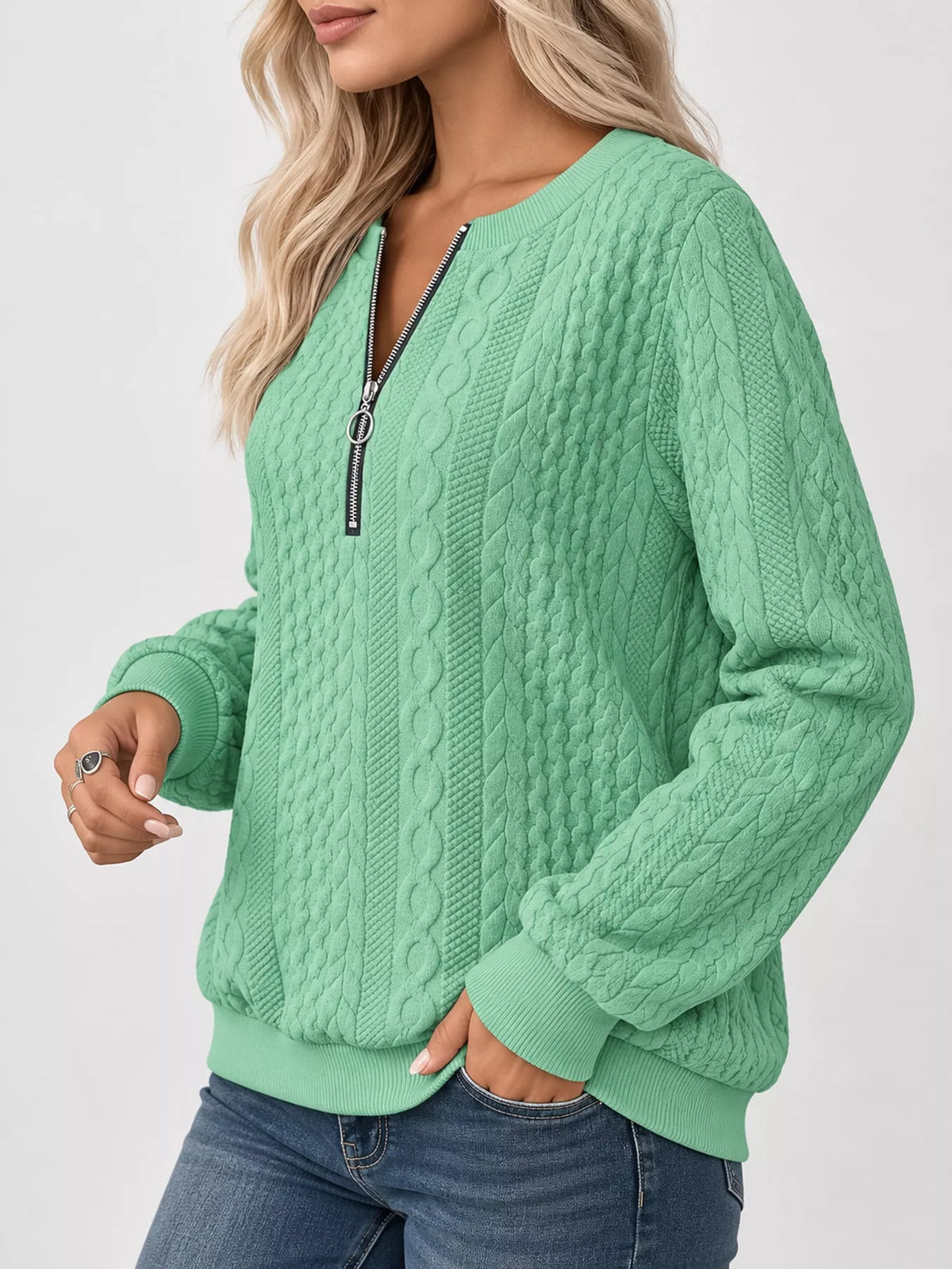 Quarter-Zip Cable Knit Sweatshirt — side view