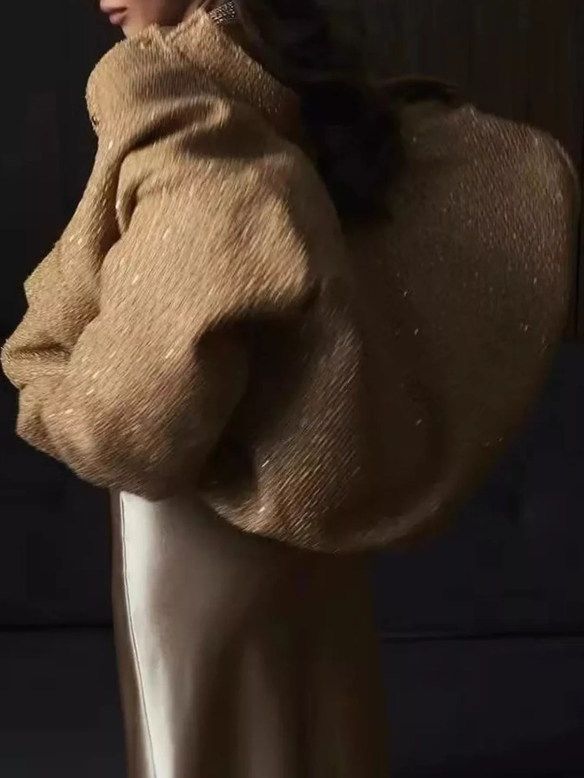 Gold tweed bomber jacket with front pockets