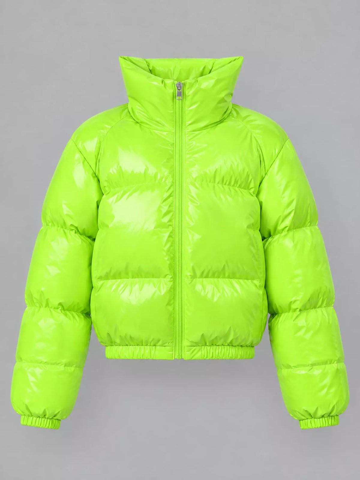 Glossy Stand-Collar Zip-Up Puffer Jacket — garment front