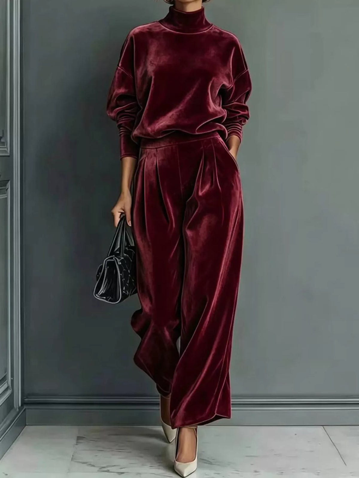 Burgundy velvet mock neck top and wide-leg pants set