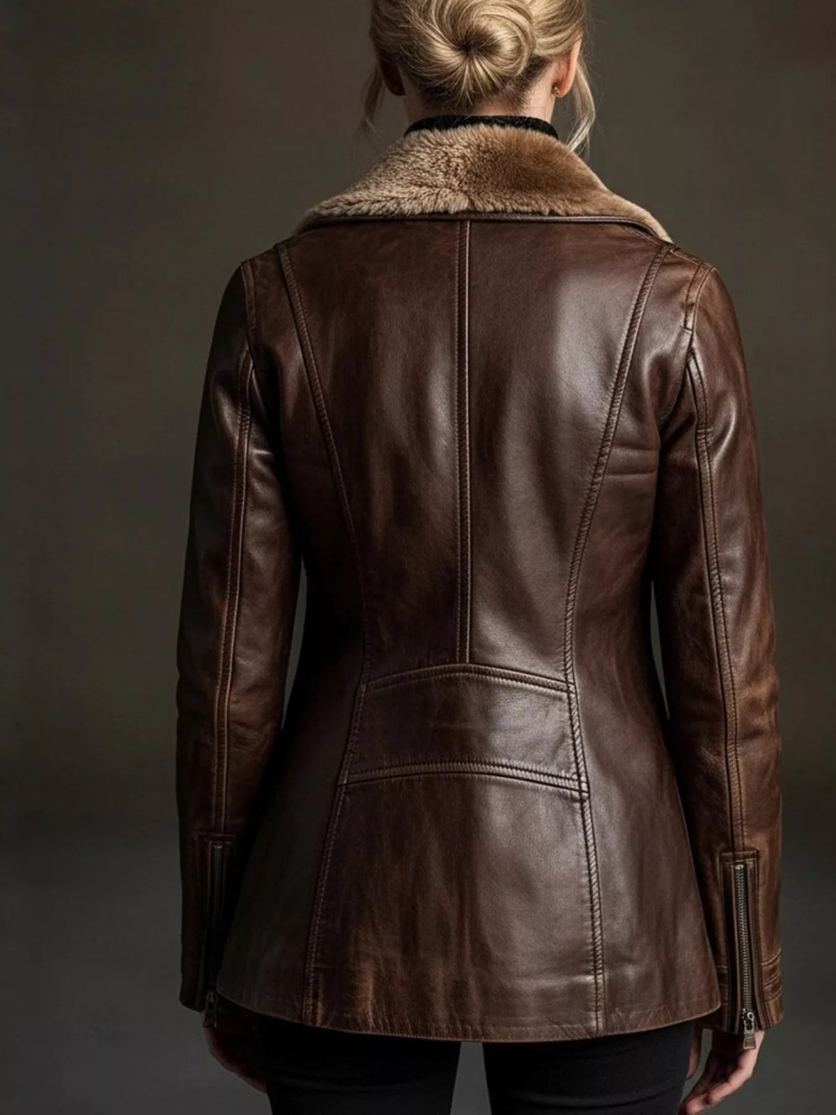 Brown vintage zip-up faux leather jacket, back view