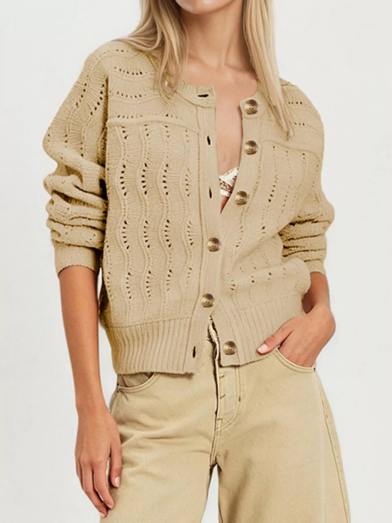 Trendsi Openwork Button-Down Knit Cardigan -