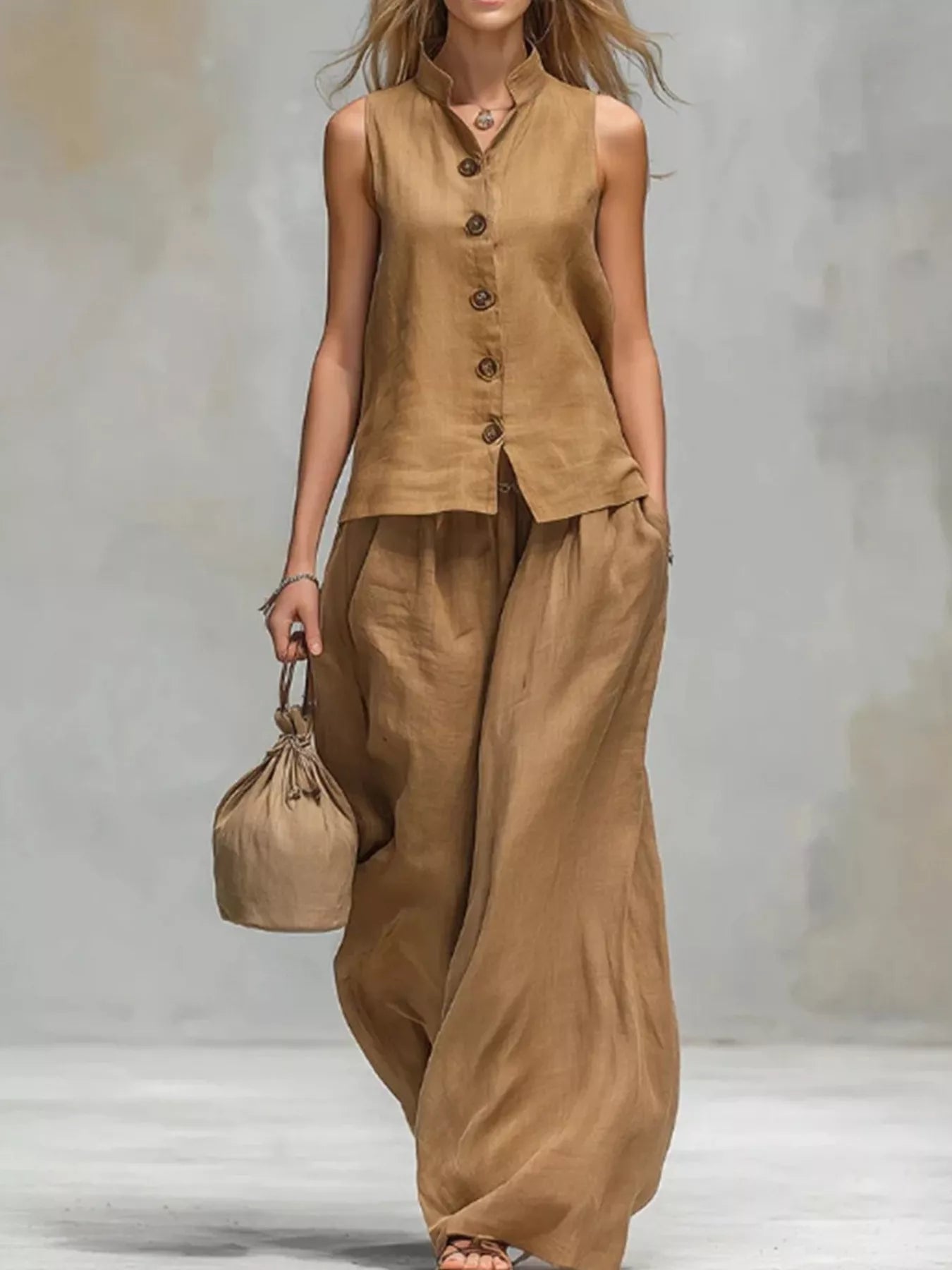 Trendsi Sleeveless Button-Down Top and Wide-Leg Pant Set -