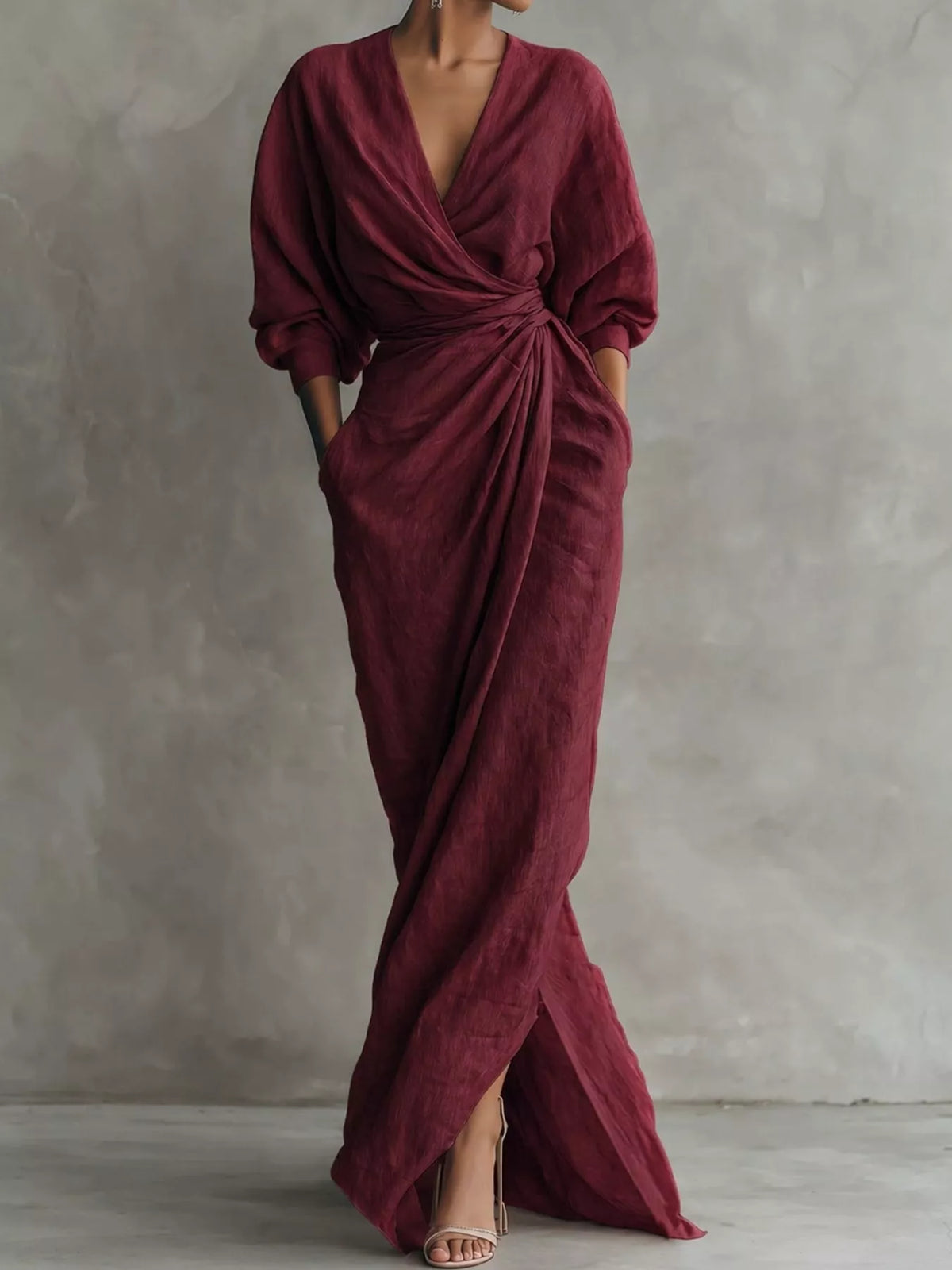 V-neck 3/4 sleeve maxi dress, front view on model