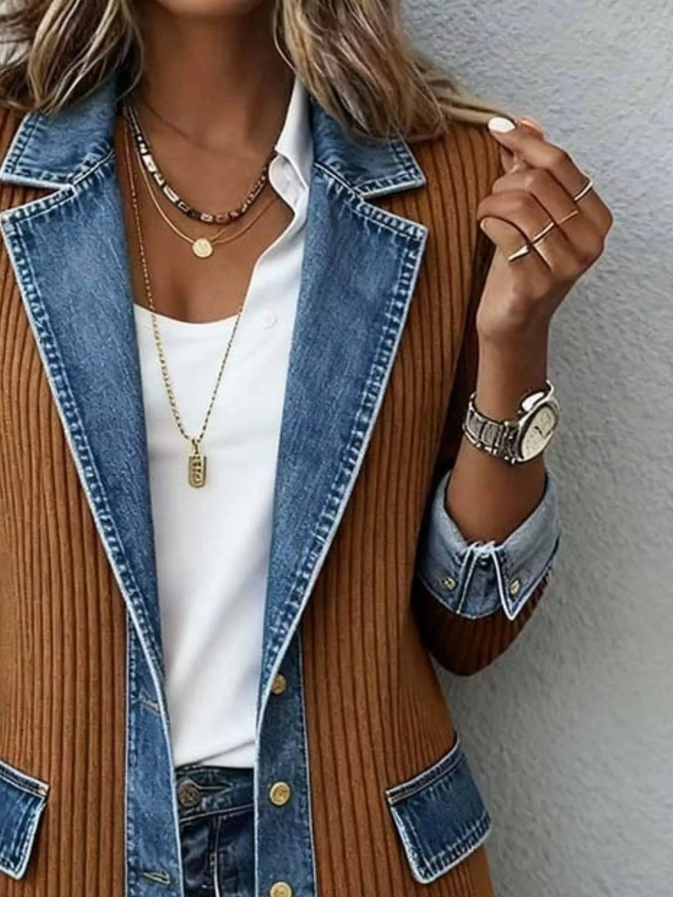 Trendsi Full Size Denim Trim Ribbed Knit Jacket Plus Size -