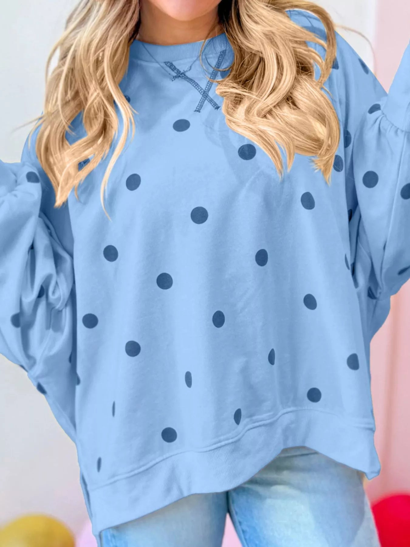 Trendsi Side Slit Polka Dot Oversized Sweatshirt -