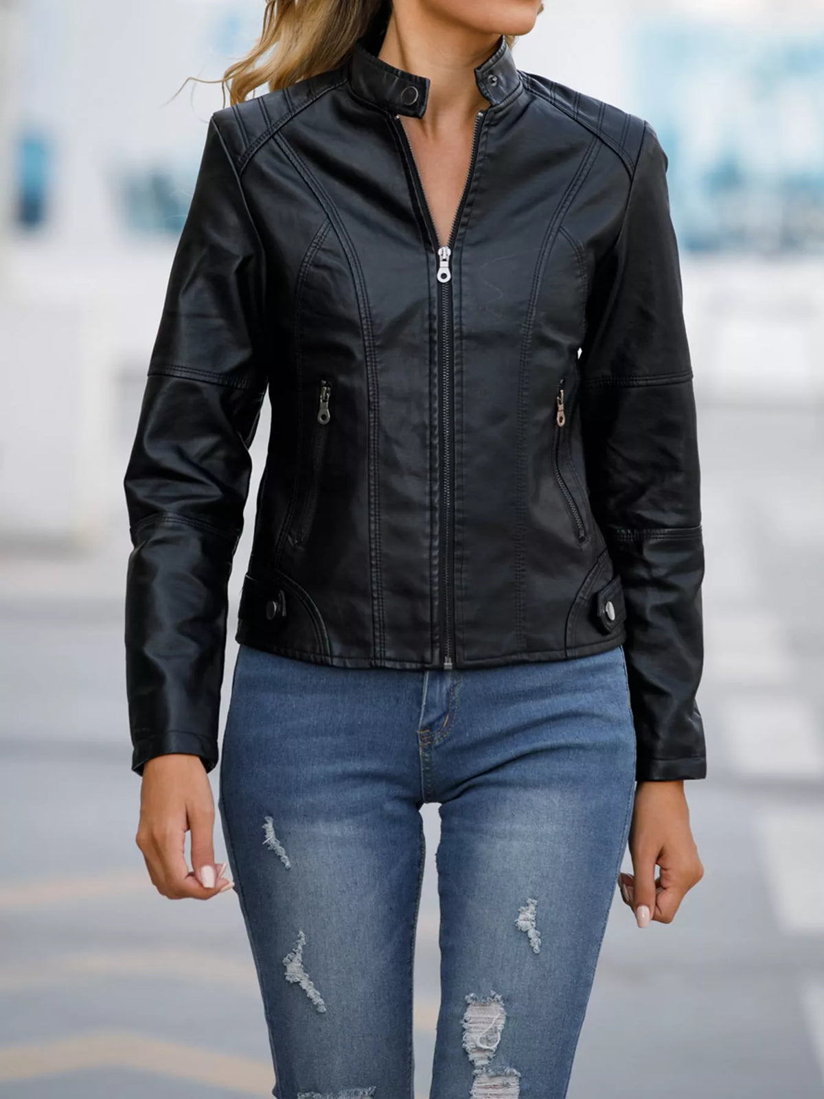 Faux-leather moto jacket, black zipped full front