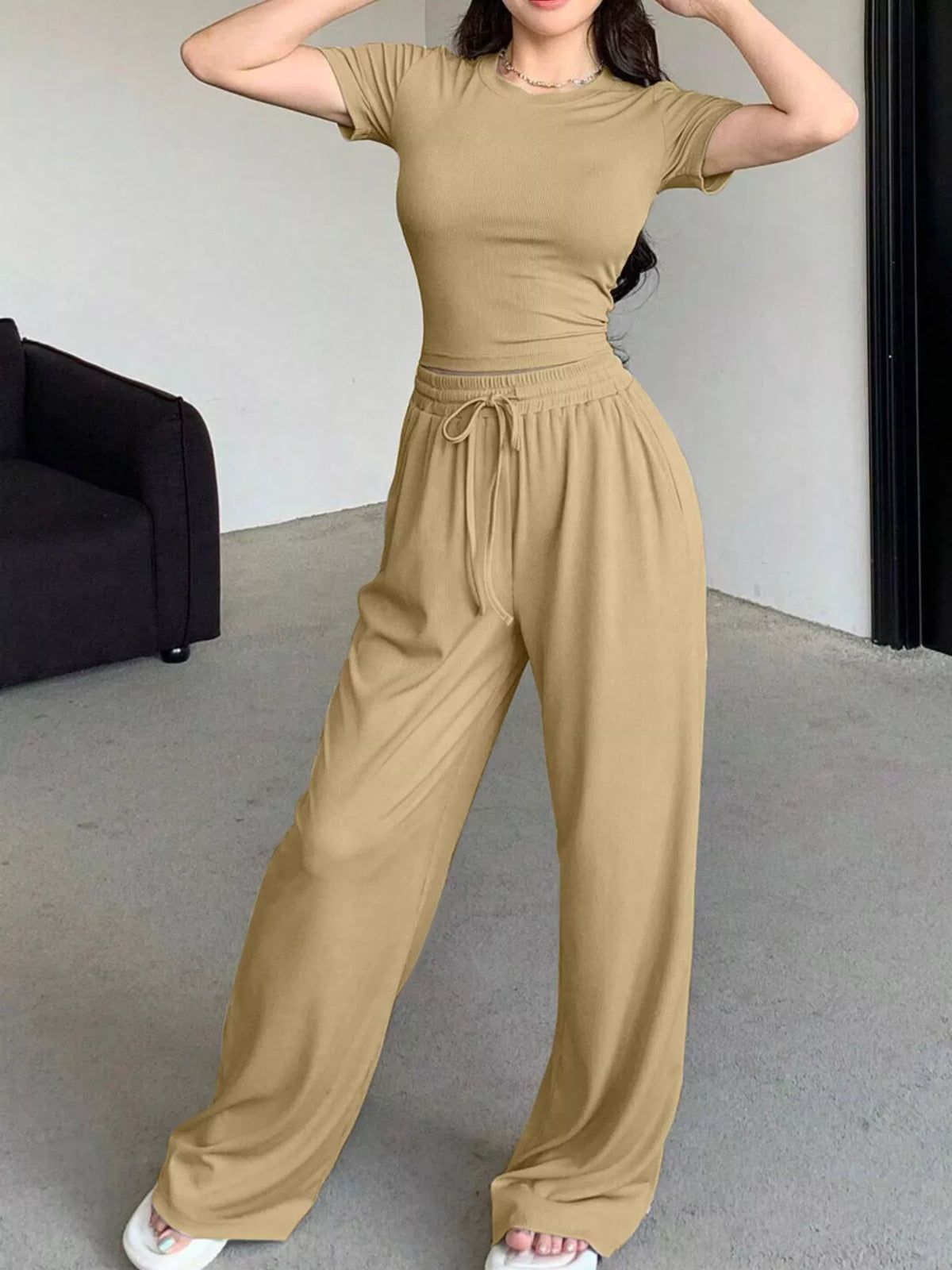 Trendsi Solid Color Short Sleeve Crop Top and Wide Leg Pants Set -