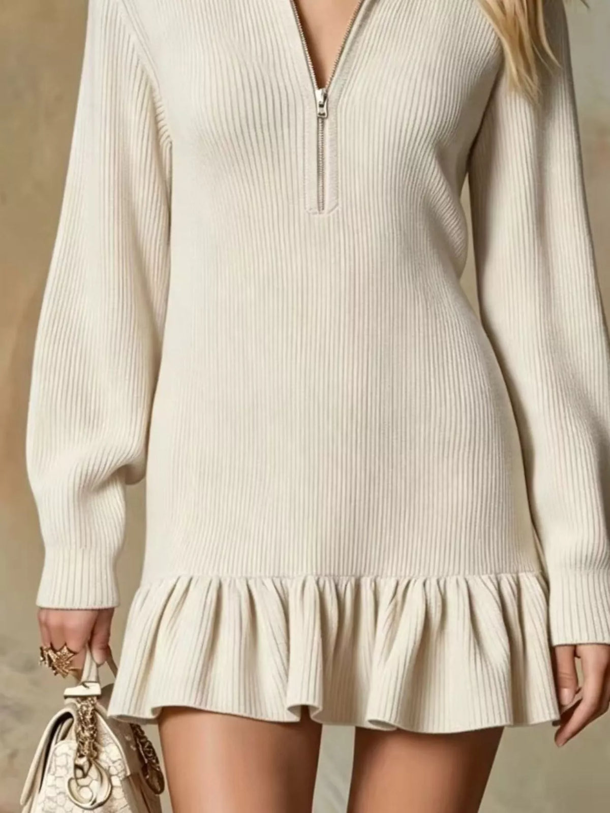 Cream half-zip ruffle-hem dress, ruffle hem detail