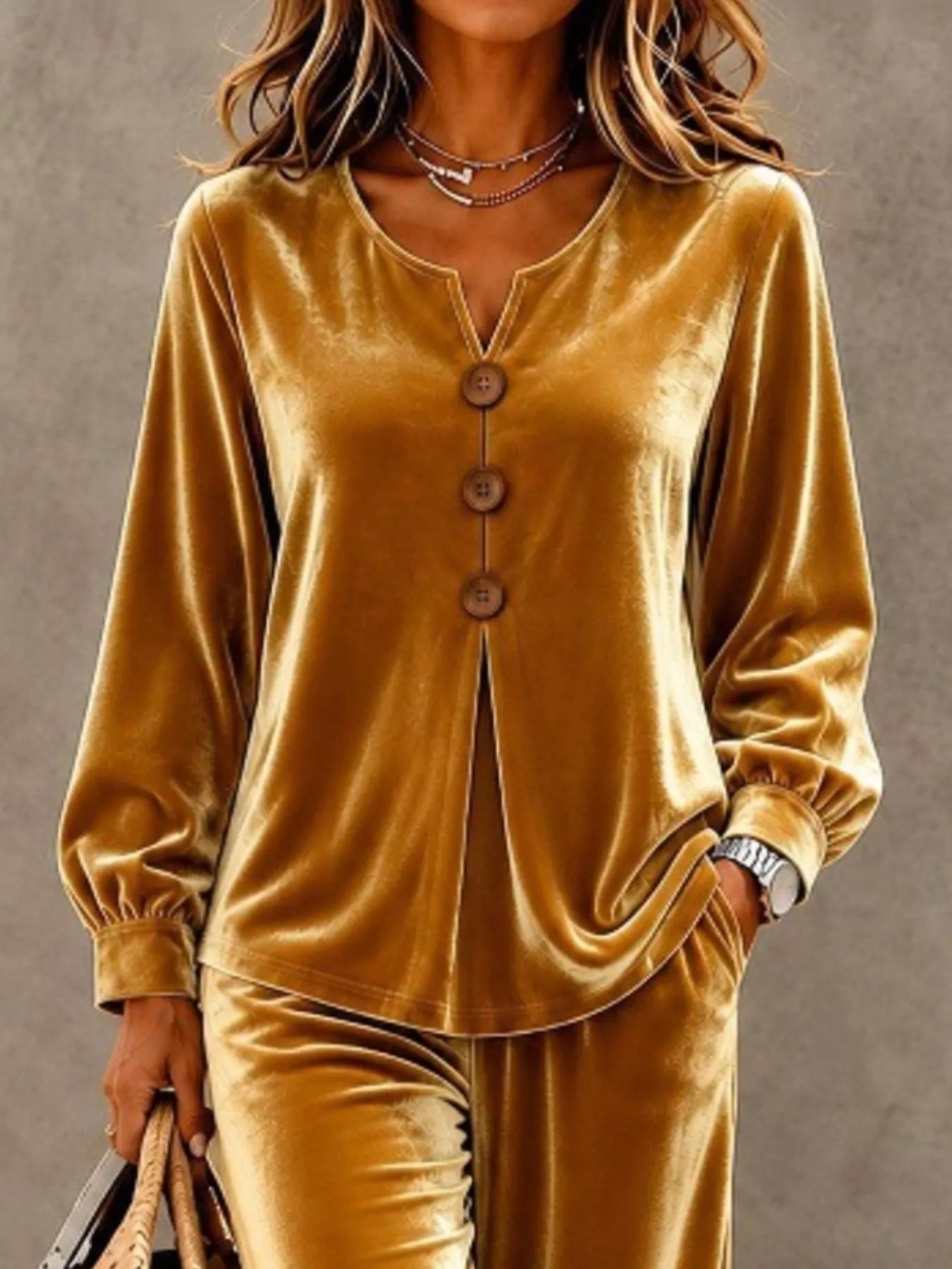 Trendsi Elegant Velvet Decor-Button Top and Pants Set -