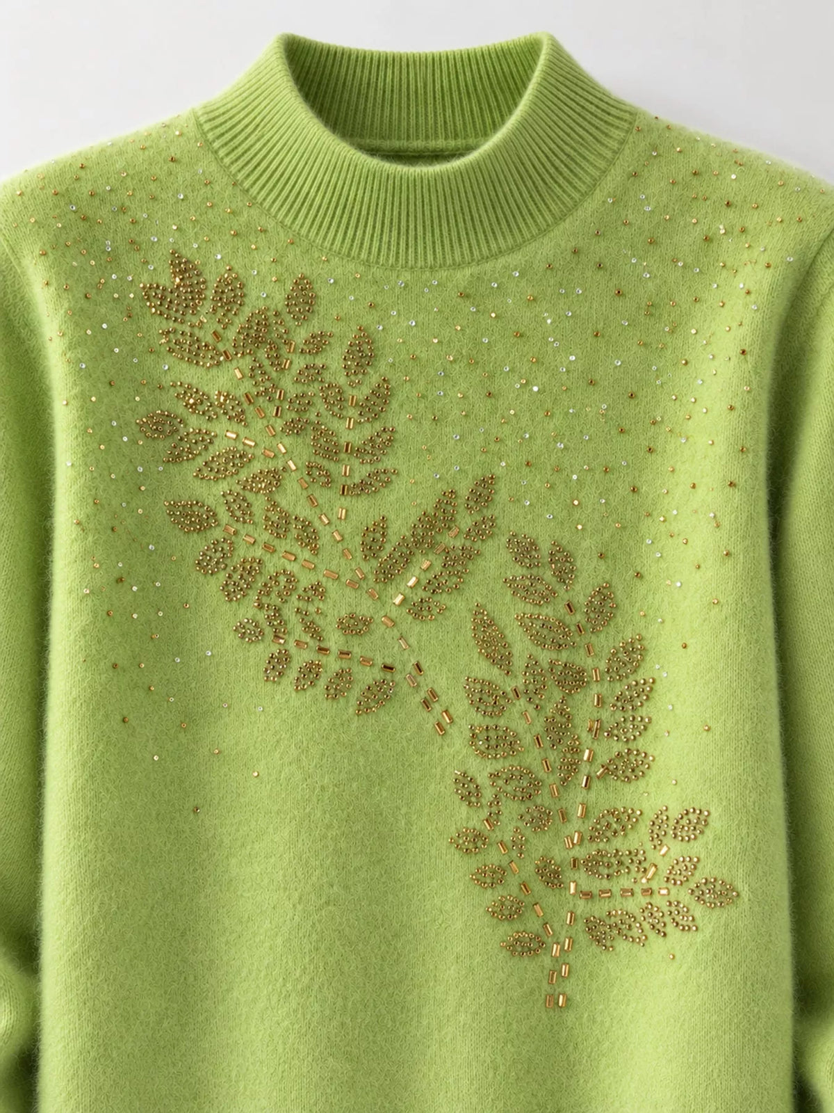 Rhinestone Leaf Mock Neck Sweater — construction details