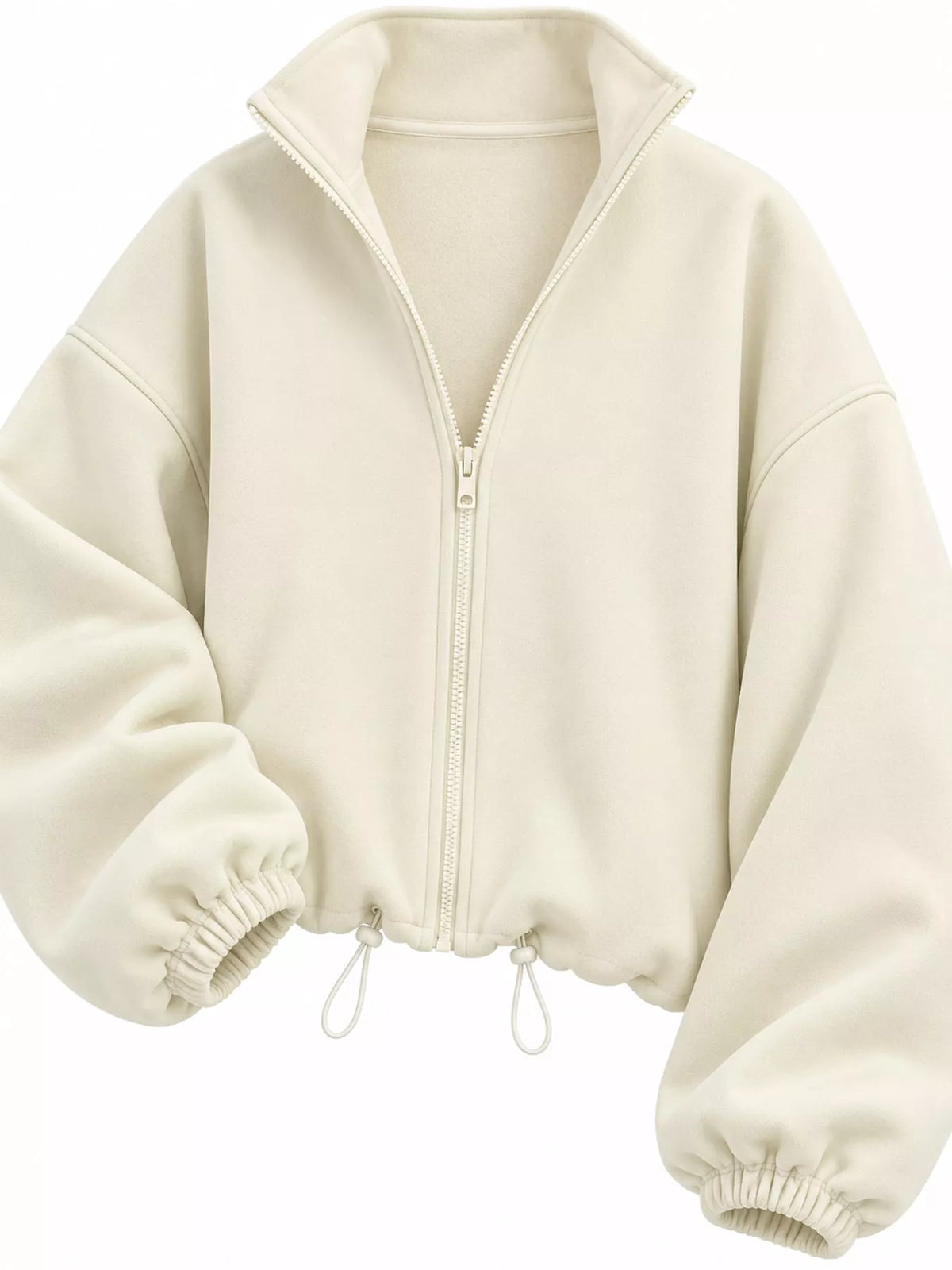 Cream drawstring hem zip-up jacket, zip front, gathered sleeves, and drawcord hem