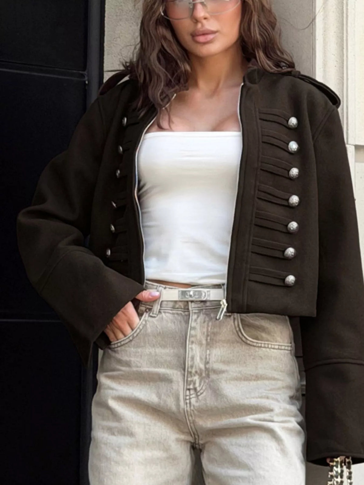 Black cropped zip-front jacket, open front view