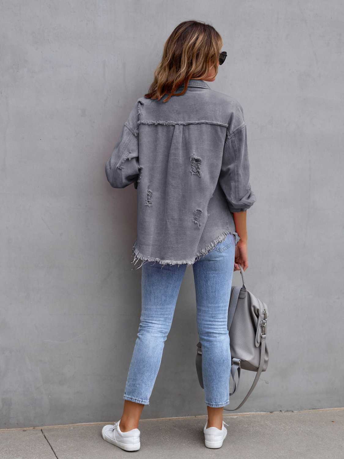 Trendsi Distressed Drop Shoulder Denim Jacket -