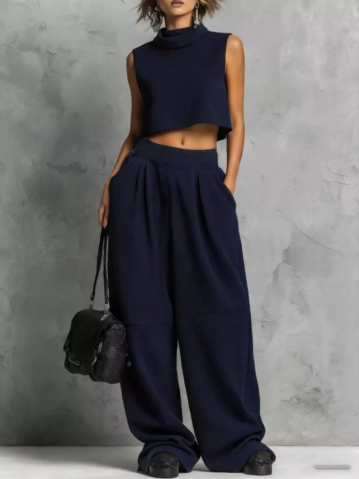 Navy Blue Mock Neck Crop Top & Wide-Leg Sweatpants Set front view