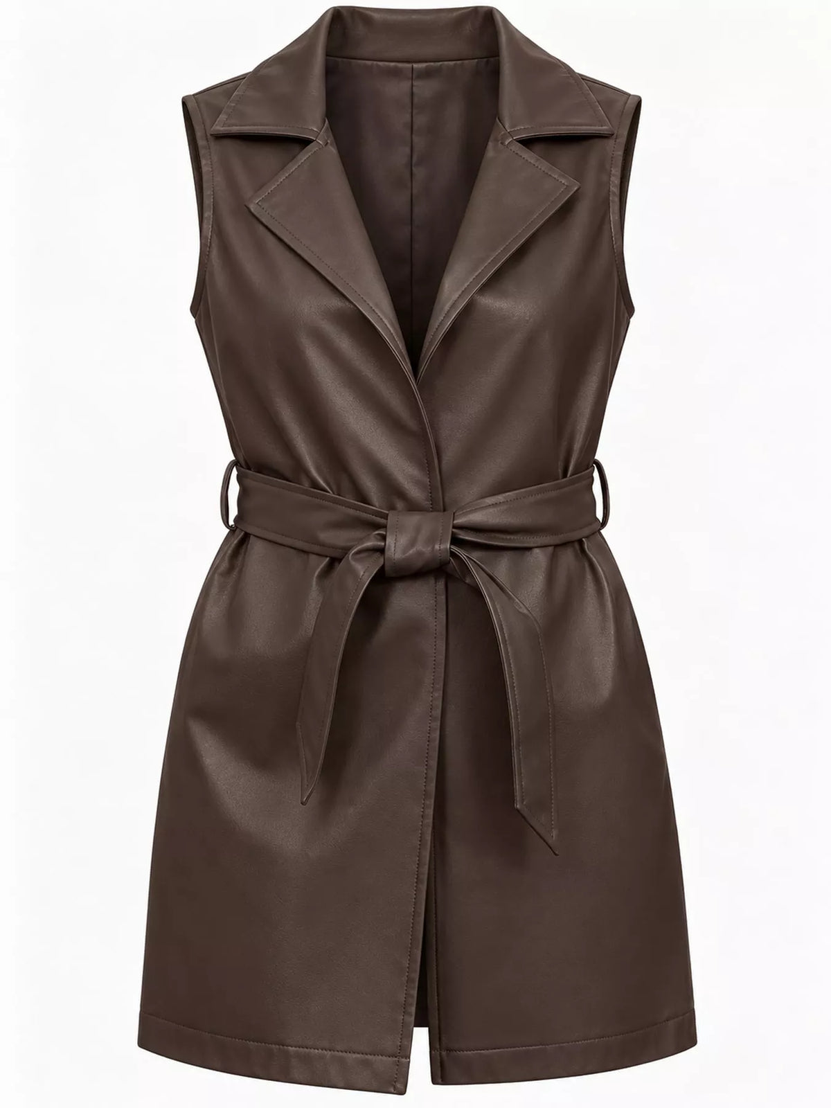 Tie Waist Longline Vest in dark brown, front view